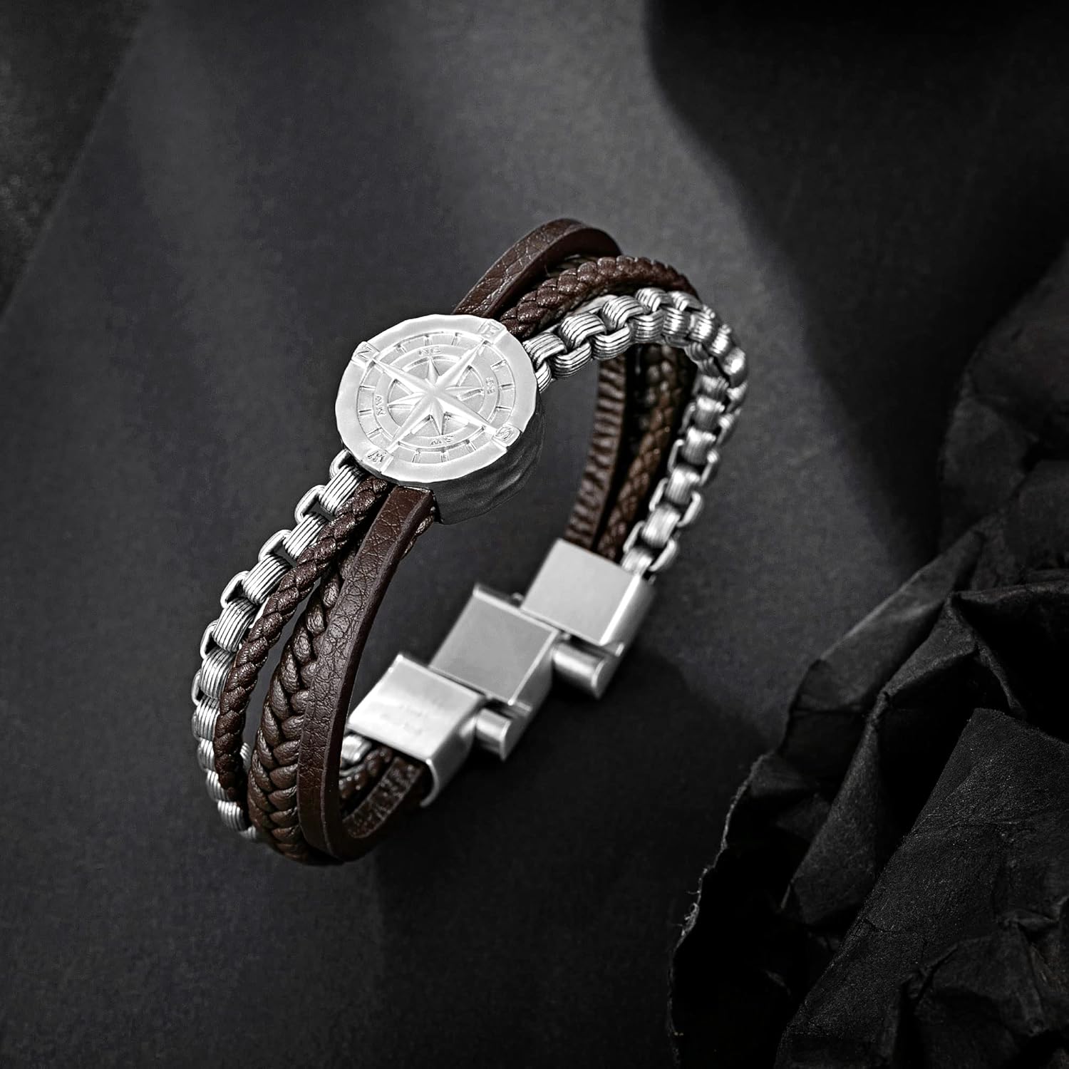 murtoo Mens Bracelet, Leather and Steel, Multi-layer Leather Bracelet for Men with Compass, Gift Idea for Boyfriend Husband Father - Image 3