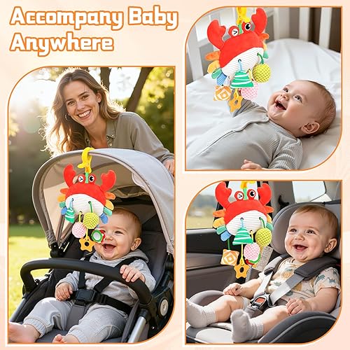 Miniatura 5 de Juguetes de asiento de automóvil para bebés de 0 a 6 meses, juguetes colgantes para bebés con cordones de tracción, sonajero, espejo de cangrejo con