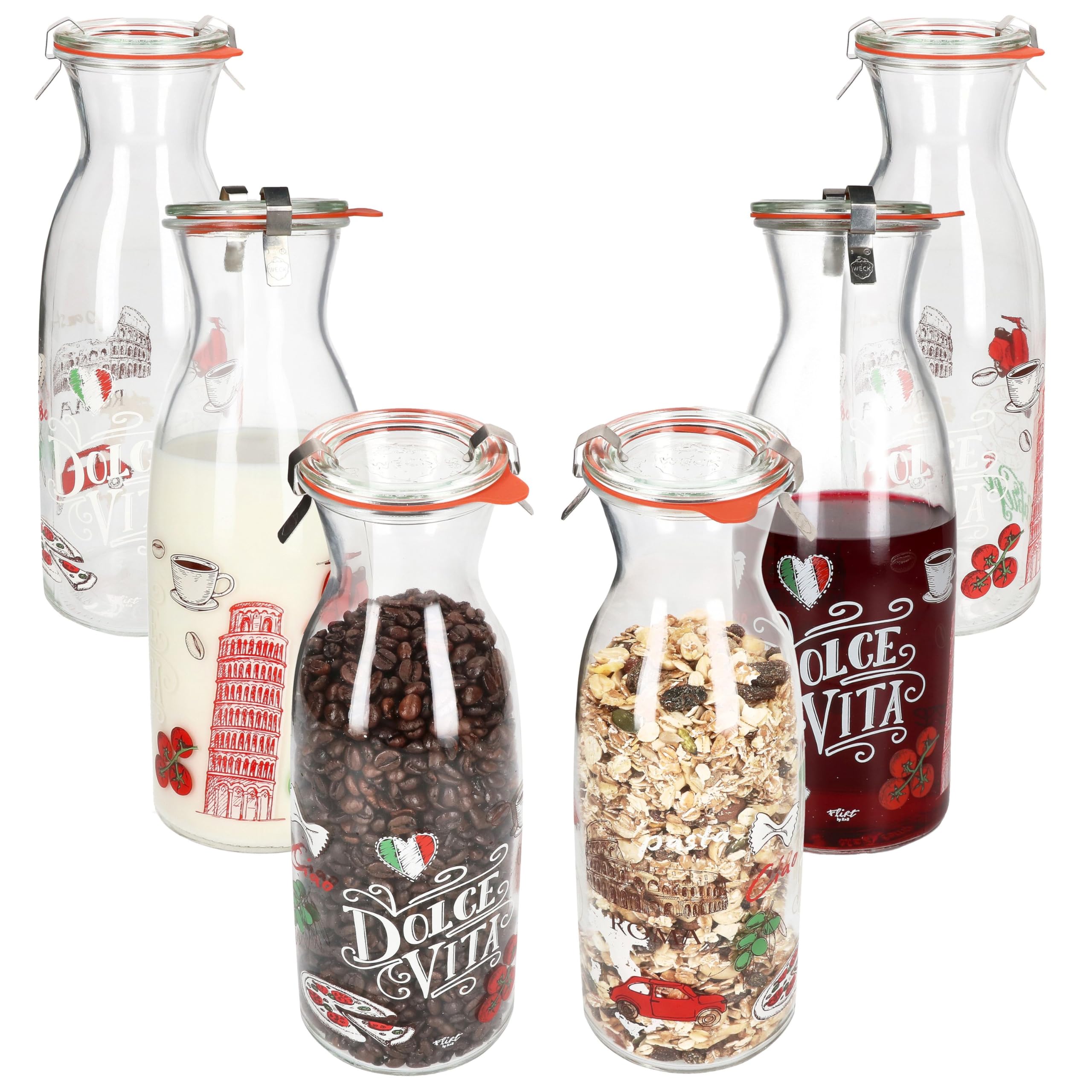Ritzenhoff & Breker 6er Set Palermo Karaffe 1 Liter + WECK-Zubehör I Krug mit italienischem Dekor aus Glas mit Glasdeckel, Dichtring & Klammern I Saft-Flasche für Wasser, Milch & Co