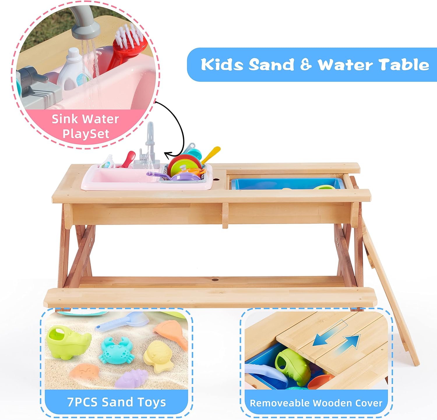 Kid's Outdoor Wooden Picnic Table Chair Set with Umbrella, Sandbox, and Sink Toys, 3 in 1 Convertible Sand and Water Table for Backyard Play : Patio, Lawn & Garden