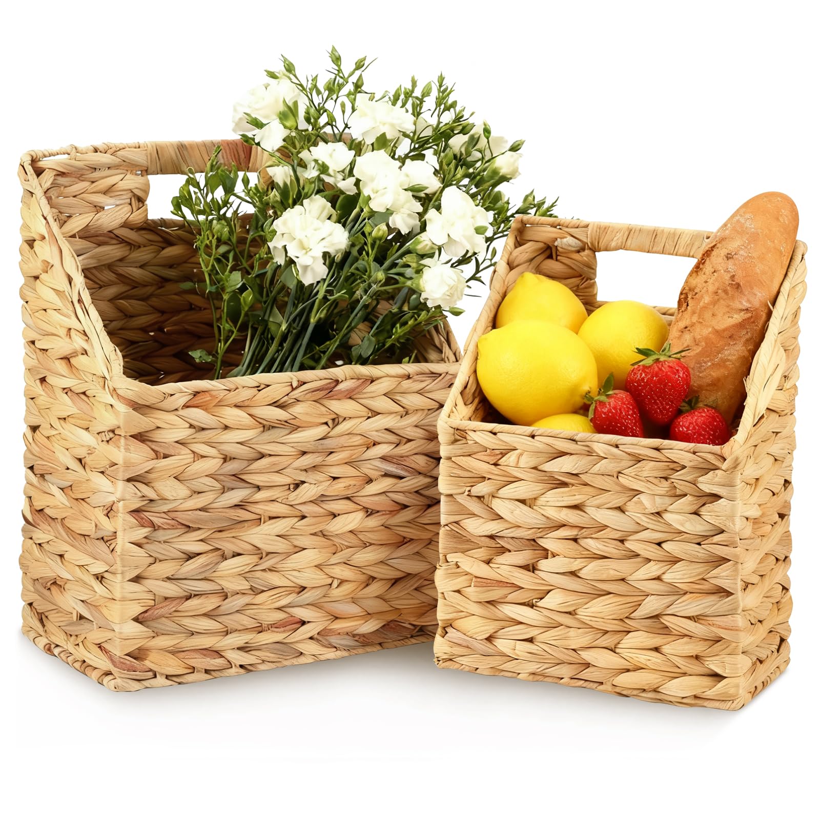 KTCINA Set of 2 Hanging Storage Basket, Wicker Water Hyacinth Wall Hanging Basket with Handle Woven Wall Baskets Rattan Woven Storage Organizer for Front Door Mails, Files, Books, Plants, Flowers