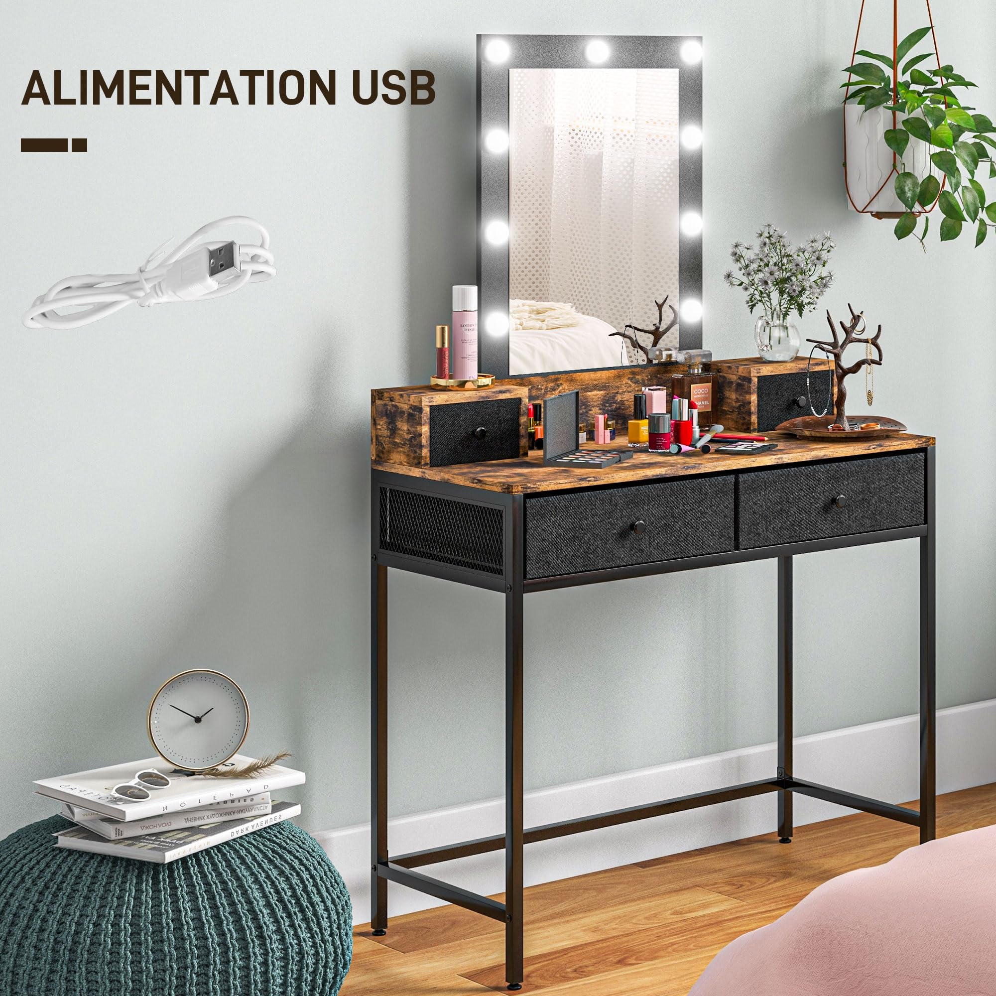 HOMCOM Coiffeuse Miroir LED Intégré 90L x 40l x 148H cm Aspect Bois Foncé