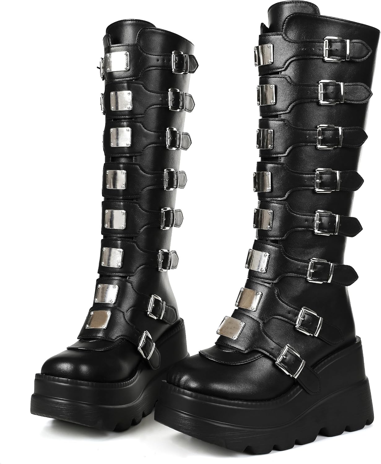 CELNEPHO Womens Wedge Platform Knee High Boots High Heel Round-Toe Zip Punk Goth Mid Calf Combat Boots For Women