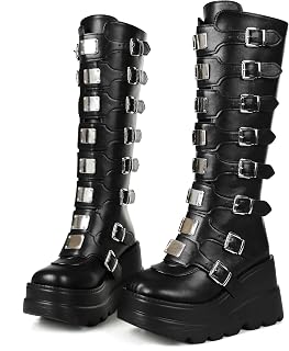 CELNEPHO Womens Wedge Platform Knee High Boots High Heel Round-Toe Zip Punk Goth Mid Calf Combat Boots For Women