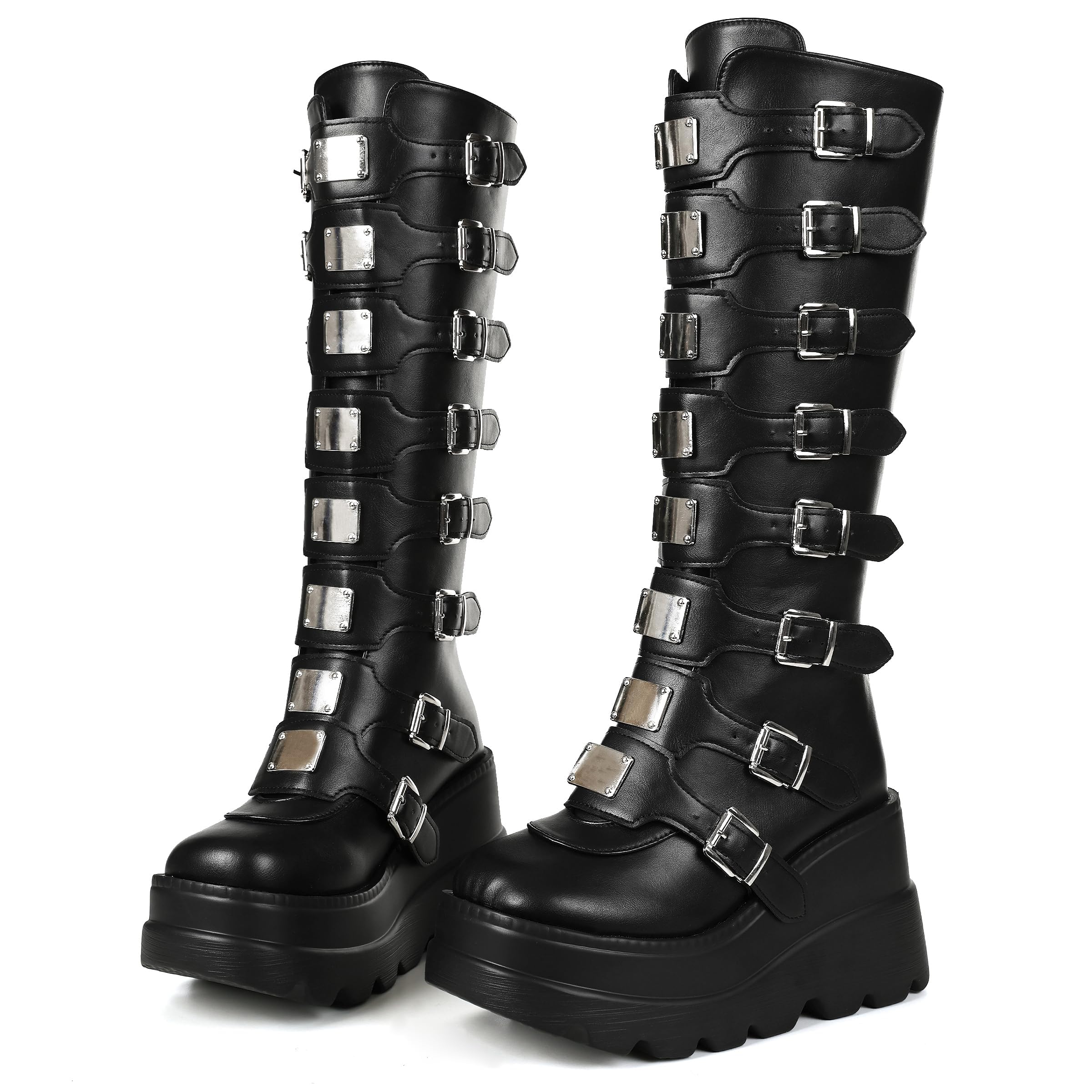 CELNEPHO Women Goth Platform Knee High Boots Wedge Punk Combat Y2K Boots
