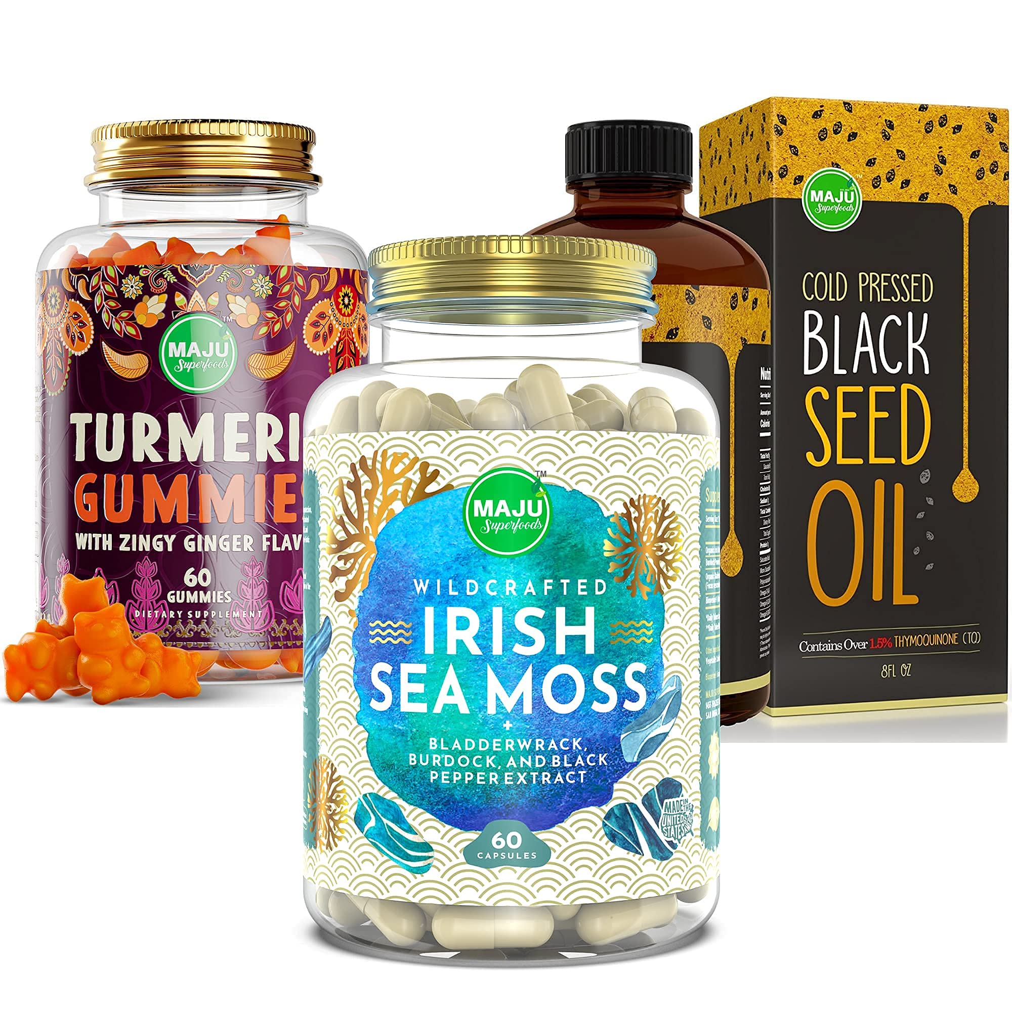 Maju Superfoods Black Seed Oil, 4-in-1 Sea Moss Capsules and Turmeric Curcumin Ginger Gummies Bundle