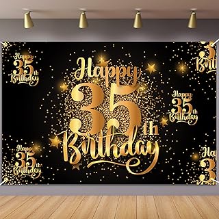 Happy 35th Birthday Backdrop Banner Step and Repeat 35 Years Old Background Decorations for Women MenÂ Her Him Photography Party Supplies Glitter Black Gold