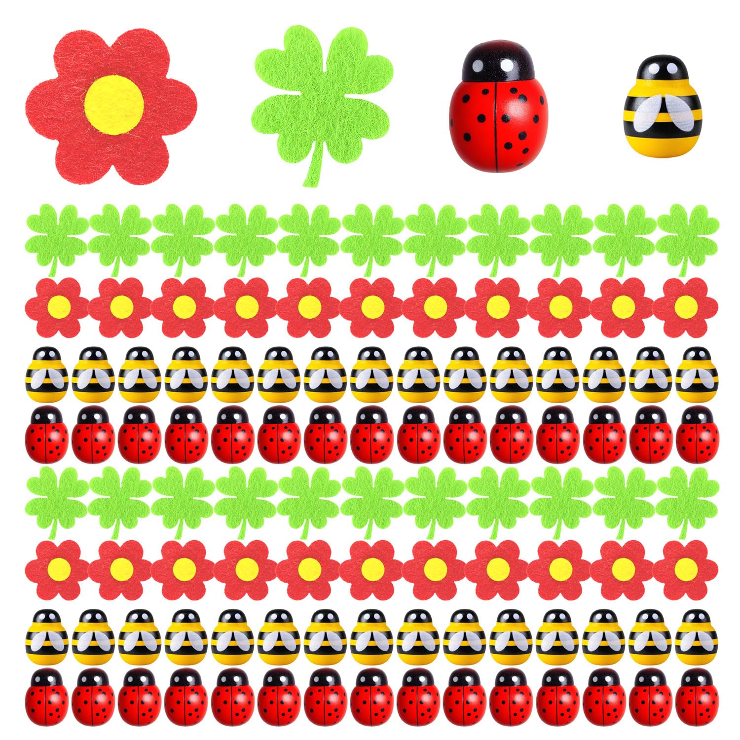 200 Piezas 18 x 25 mm Decorativas Mariquitas de Madera 9 x 13 mm Mini Abejas Abejita Chiquitita Autoadhesivas Abeja de Madera Trébol de Cuatro Hojas Fieltro Flores para DIY Manualidades Fiesta Deco