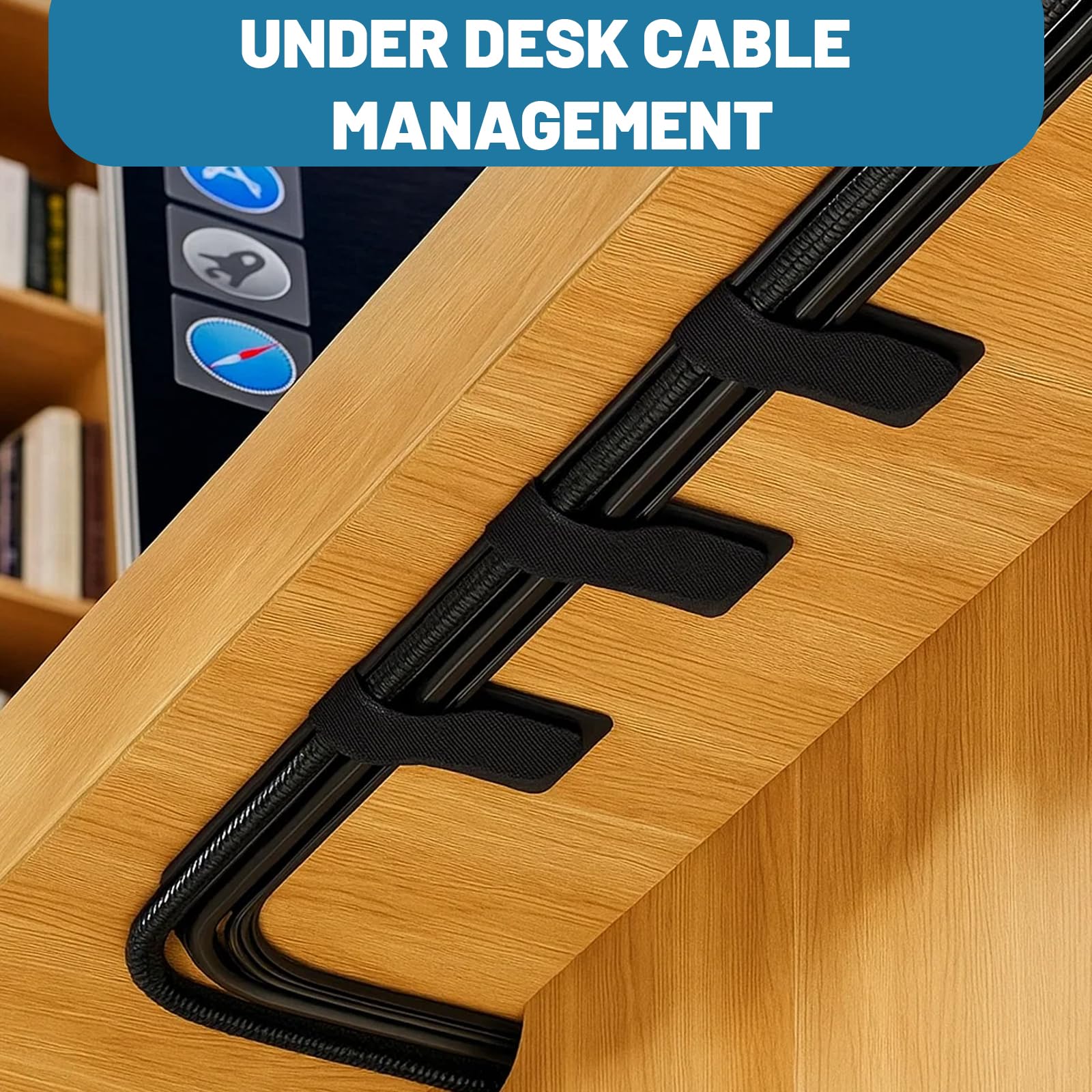 50PCS Under Desk Cable Management, Self Adhesive Cable Tidy Clips Straps, Hook and Loop Cable Ties for Wire Organiser, Cord Management, Under Desk Storage, Black - Image 3