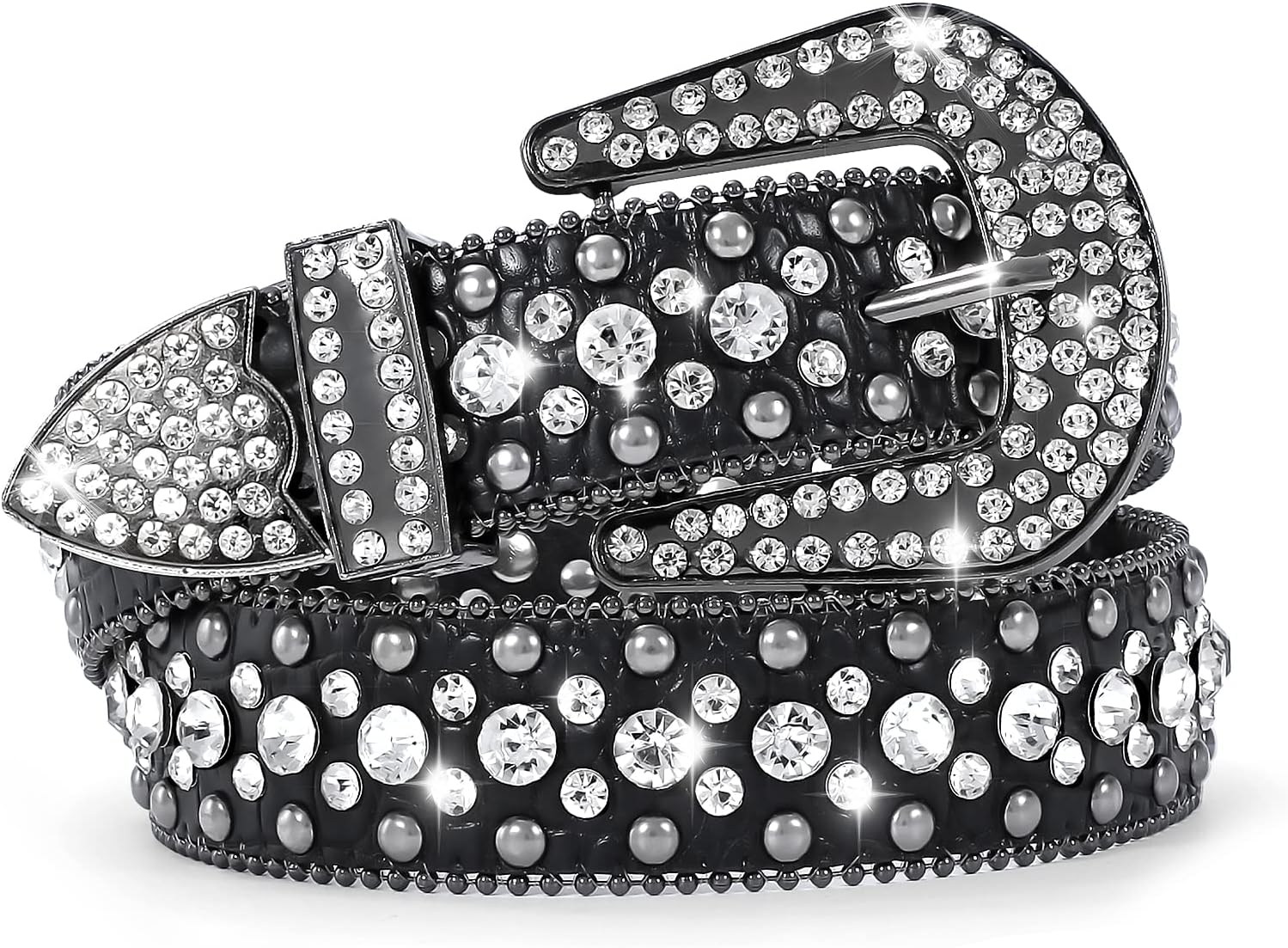 SANSTHSWomen Rhinestone Belt for Jeans, Men Western Cowgirl Bling Studded Belt Faux Crocodile Grain Leather