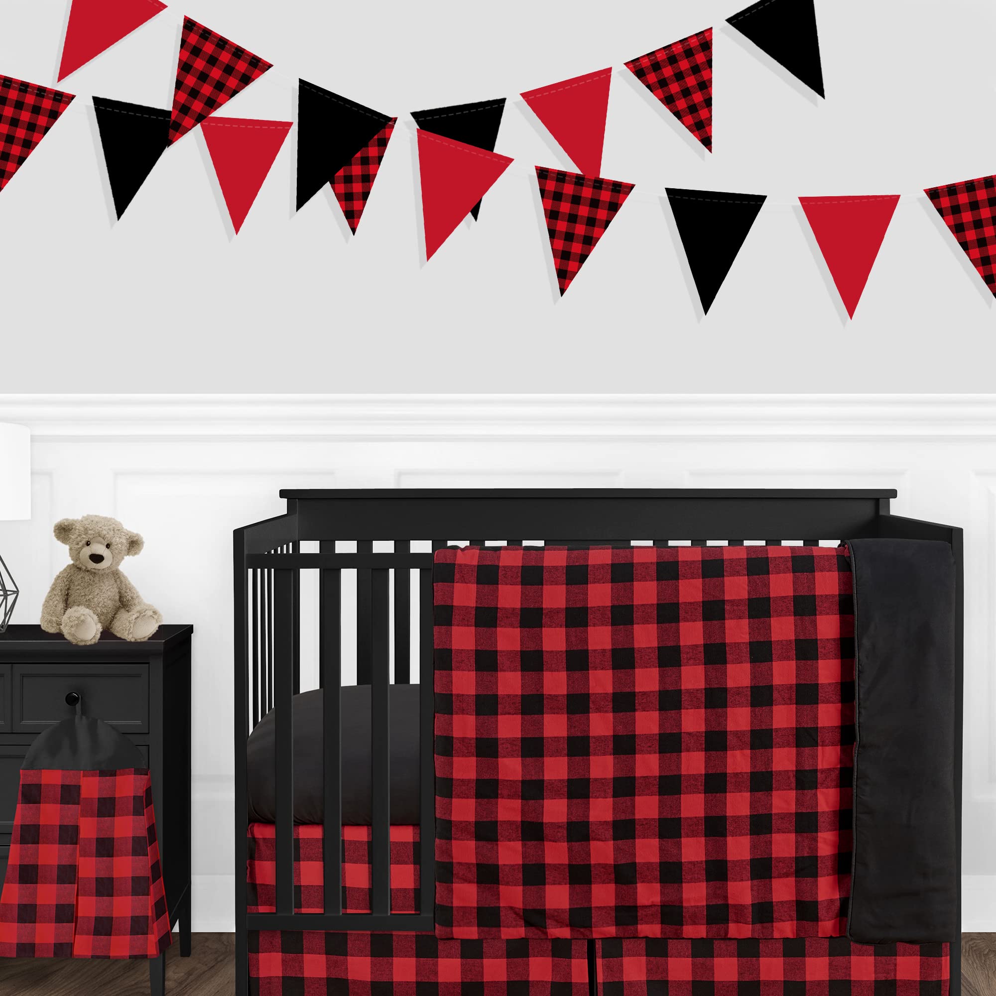 Wimpelkette aus kariertem Büffelpapier, 150 cm, schwarz-rot kariert, dreieckige Flagge, Girlande für Geburtstag, Babyparty, Brautparty, Junggesellinnenabschied, Weihnachten, Urlaub, Halloween