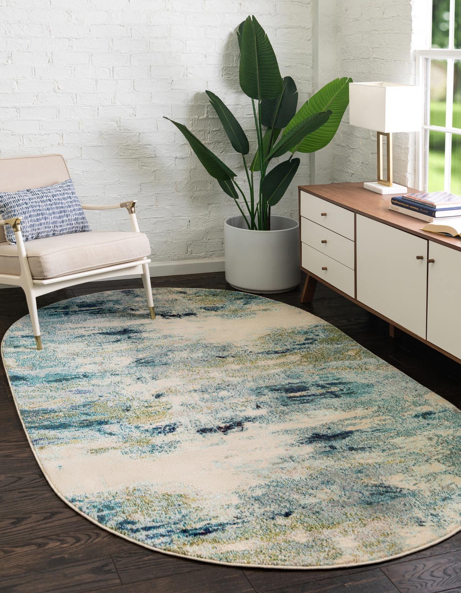 Unique Loom Chromatic Collection Modern & Vibrant Abstract Area Rug For Any Home Décor (5' 0 x 8' 0 Oval, Light Blue/Beige)