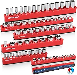 6-Piece 1/4" 3/8" 1/2"-Driver Metric Magnetic Socket Organizer Set (Holds 75 Sockets) - Detachable Tool Tray with 5mm Magnetic Base for Garage/Home(Sockets Not Included)