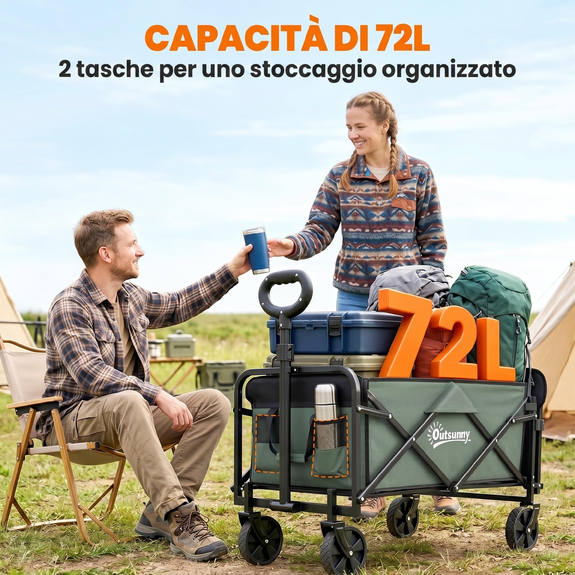 Outsunny Carrello da Giardino da 72L con 4 Ruote, Carrello Spiaggia Pieghevole in Acciaio e Tessuto Oxford con Borsa da Trasporto Lavabile, 2 Tasca Portaoggetti e Maniglia Girevole e Regolabile, Verde