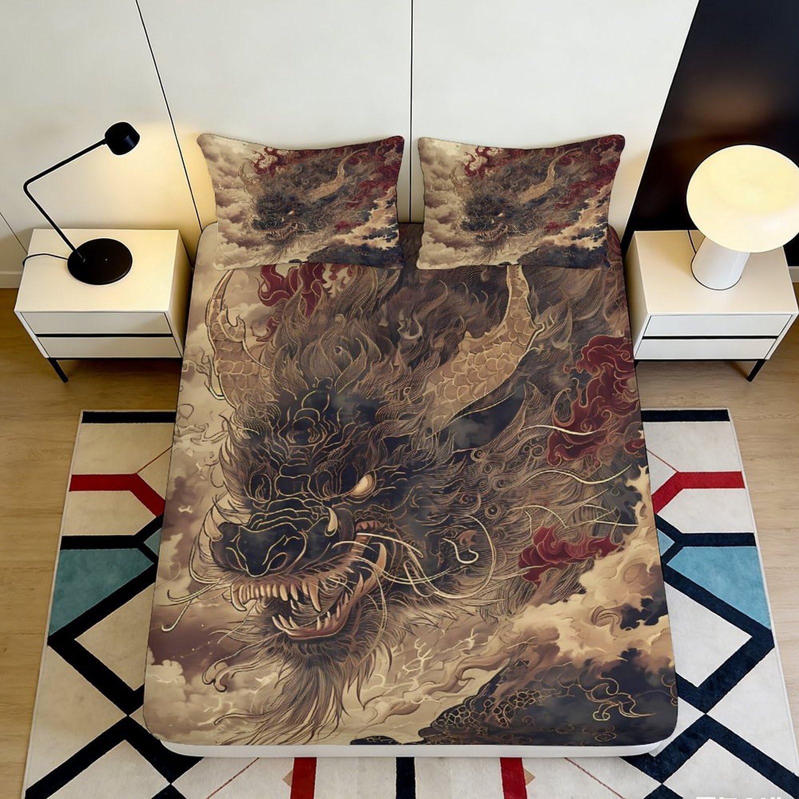 3D Printed Ancient Dragon Fitted Sheet Microfiber Soft Breathable Dark Fantasy Bed Cover for Bedroom Dorm Decor 90x200x25cm