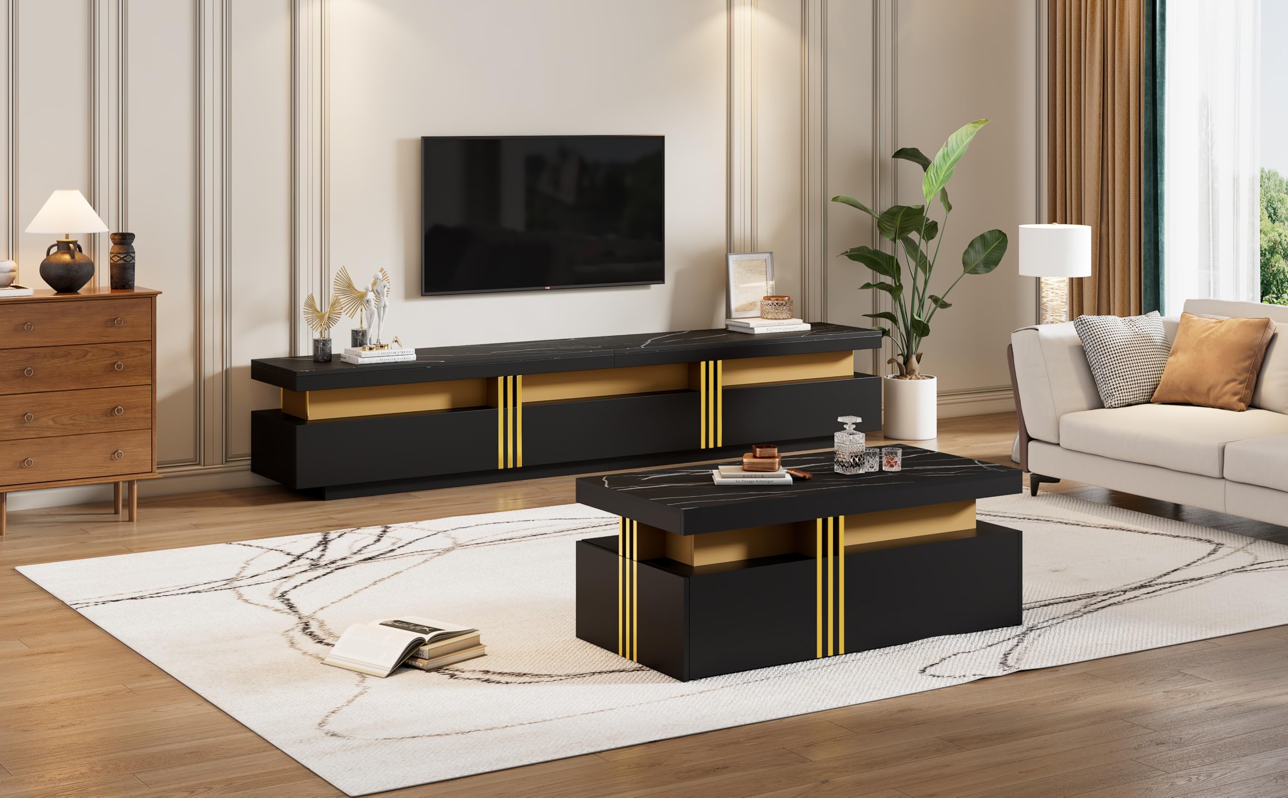 BTM Schwarze TV-Wandkombination, Wohnzimmer-Wandkombination, Couchtisch + TV-Schrank, multifunktionale Schrankkombination