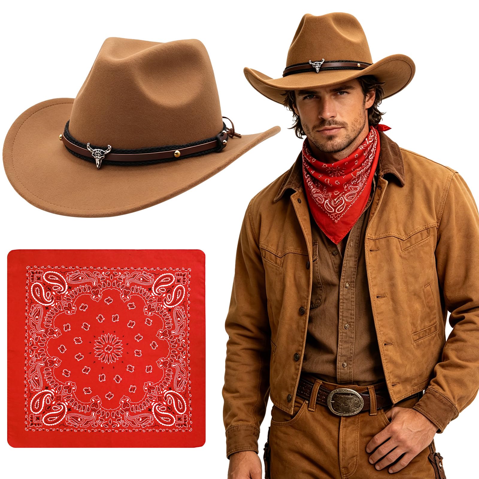 Kitimi 2Pcs Cowboy Hat Accessories Men Women Cowgirl Costume with Hat Bandana, Brown Western Fancy Dress Fit for Country Music Rodeo Halloween Carnival — image 1