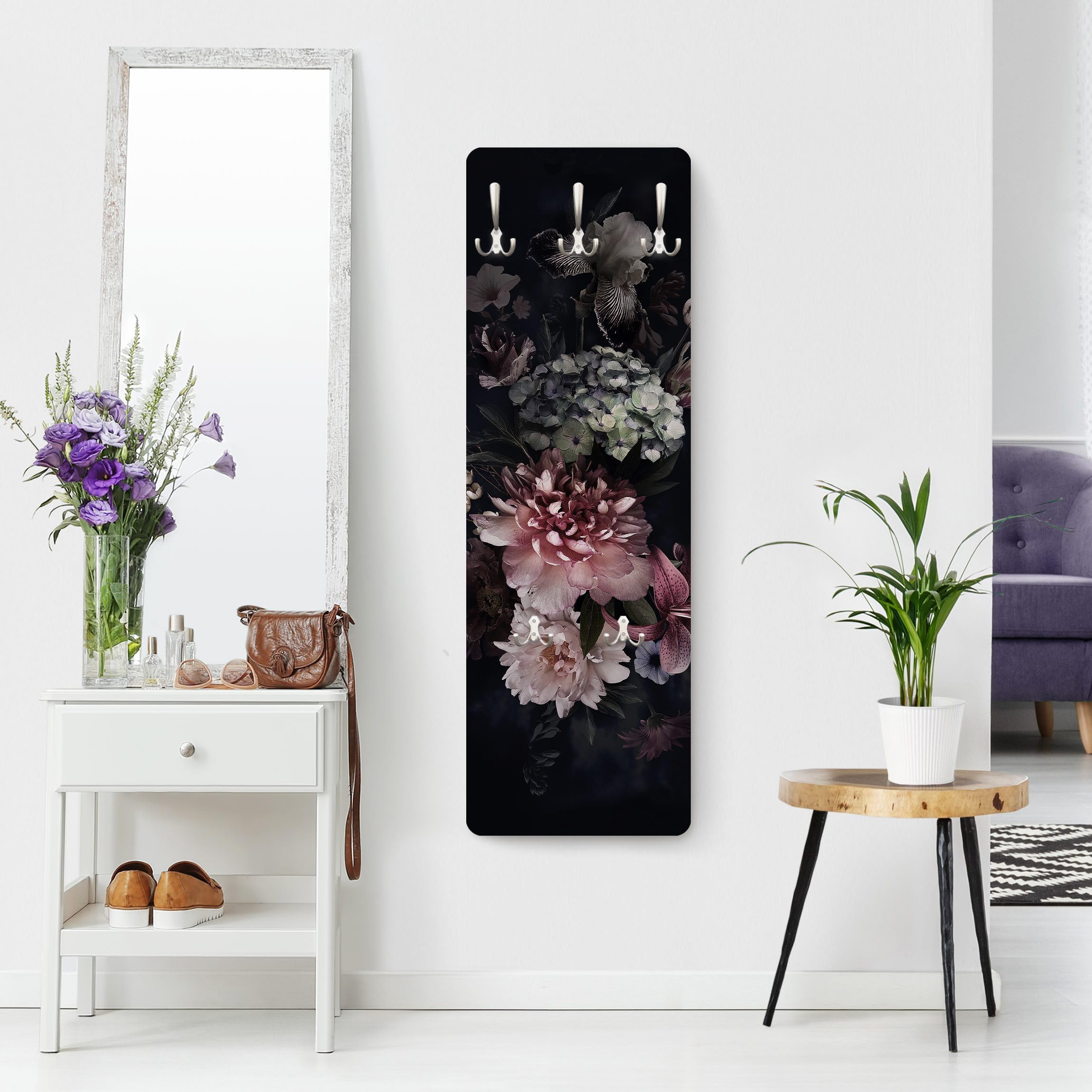 Bilderwelten Garderobe Blumen 105cm x 34cm 3D-Optik Modern Natur Garderobenhaken Garderobenpaneel Flurgarderobe Flur-Möbel Wandgarderobe Holz Küche