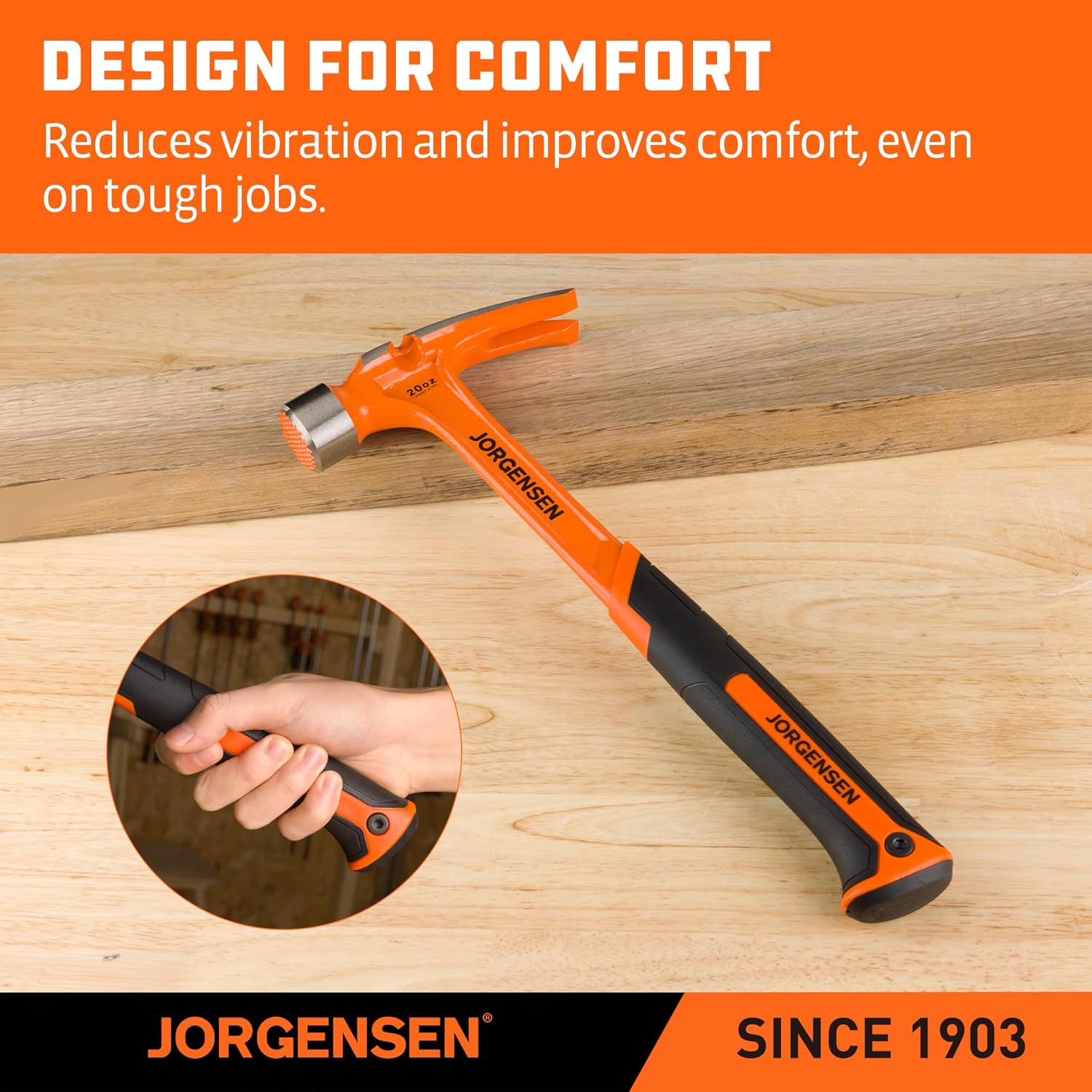 Jorgensen 20 oz Straight Claw Hammer with Magnetic Nail Holder, Rip Claw Hammer with Milled Face, Side Nail Puller, Shock Absorbing Grip, Heavy Duty One-piece Forged Hammer