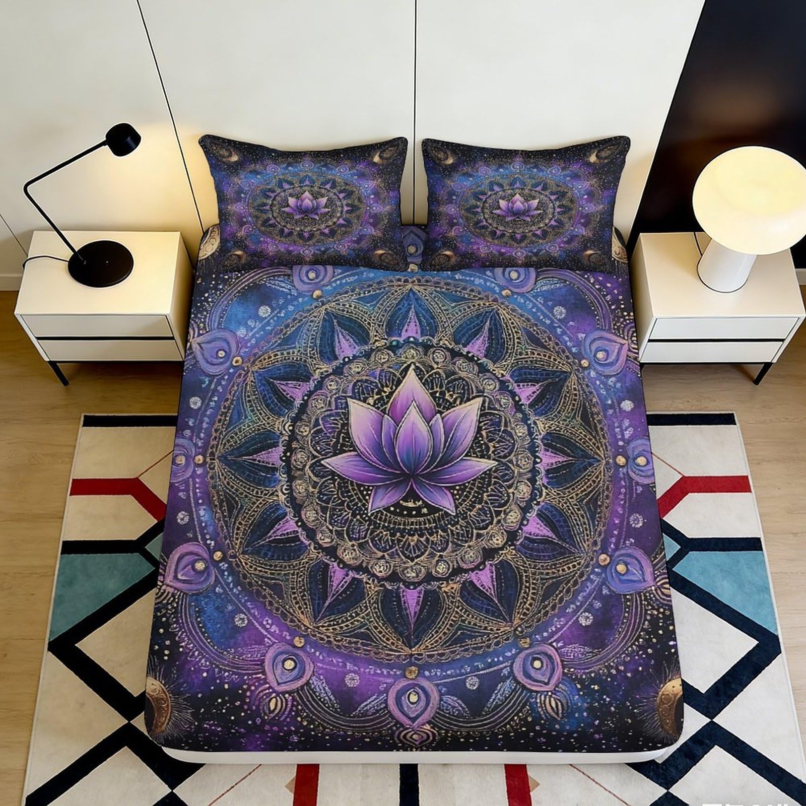3D Printed Purple Lotus Mandala Fitted Sheet Microfiber Soft Durable Cosmic Pattern Bed Sheet for Bedroom Guest Room Easy Care Mattress Cover 90x200x25cm