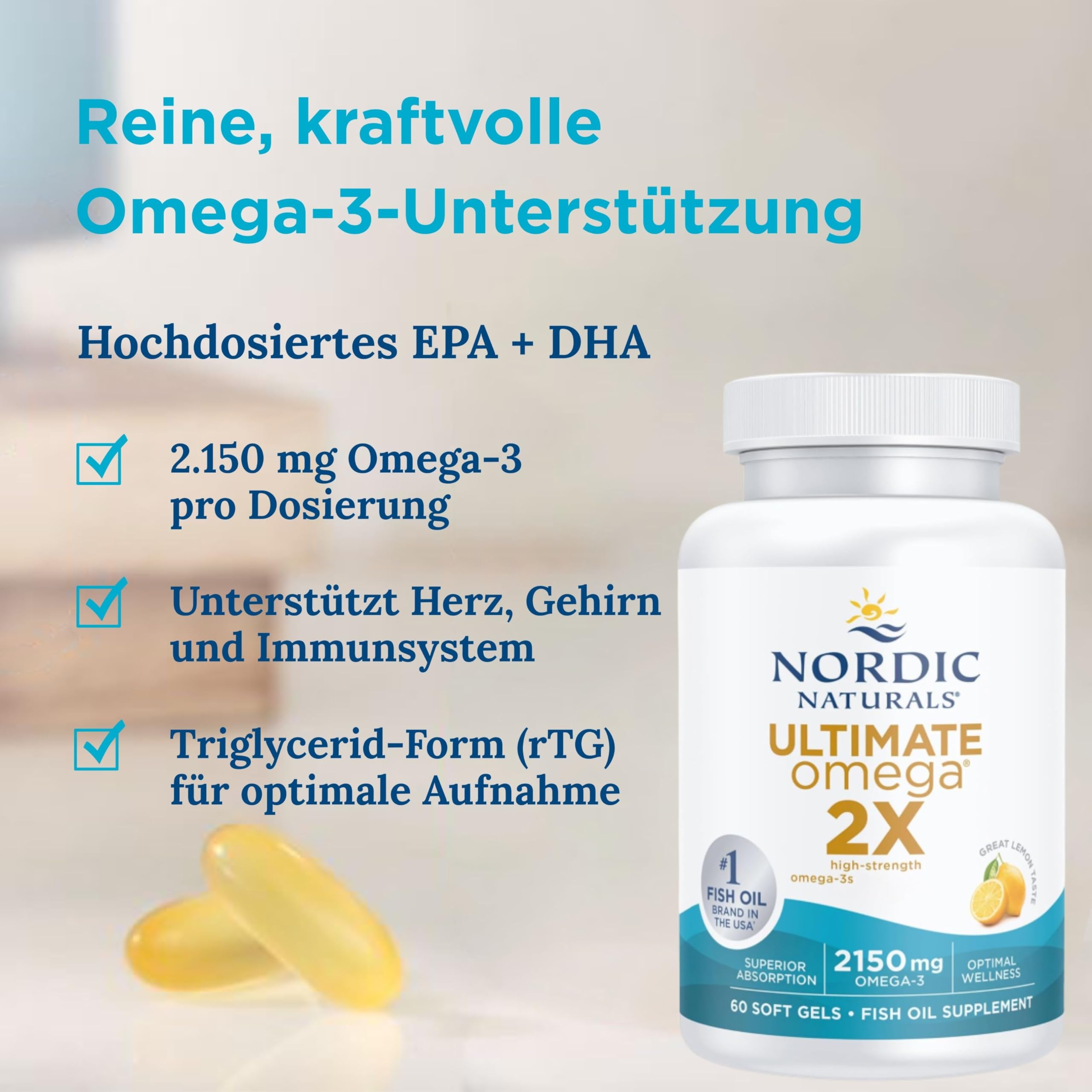 Nordic Naturals Ultimate Omega 3 2X, 2150 mg Omega-3-Kapseln, hochdosierte Fischöl-Nahrungsergänzung mit EPA und DHA, 60 Weichkapseln, Zitronengeschmack, sojafrei, glutenfrei