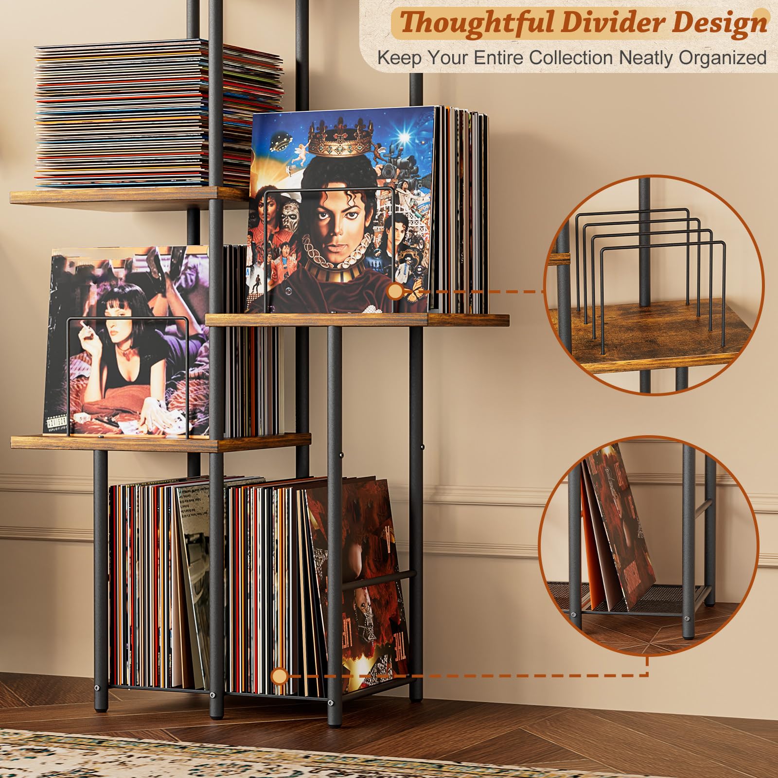 Bikoney Mid-Century Plattenspieler-Ständer mit Schallplatten-Regal | Vintage Plattenspielertisch mit LP-Trennfächern, Ablagefach, Vinyl Schallplatten-Aufbewahrung, Hoher Beistelltisch