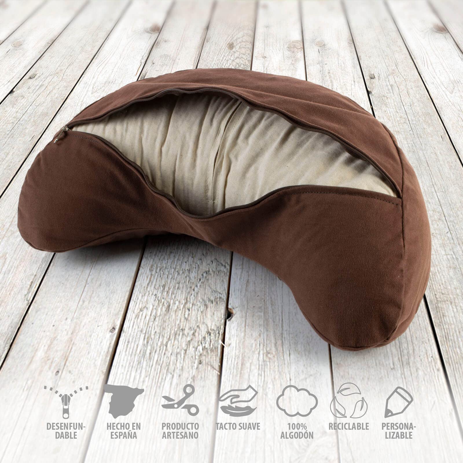 Zafu meditación media luna desenfundable, MARRÓN, cojín yoga, tejido 100% algodón, relleno cáscara espelta ecológica