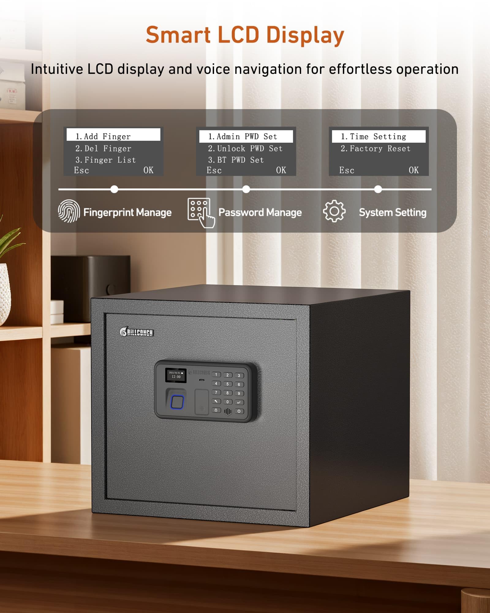 Billconch Smart Safe - Cassaforte pieghevole biometrica con blocco automatico, con display LCD, guida vocale, accesso rapido con impronte digitali, tastiera, chiave, app