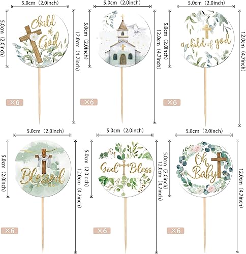 Miniatura 2 de 36 piezas de decoración de cupcakes de bautismo de vegetación con hojas florales que Dios bendiga cruz, selecciones de cupcakes Oh Baby First Holy