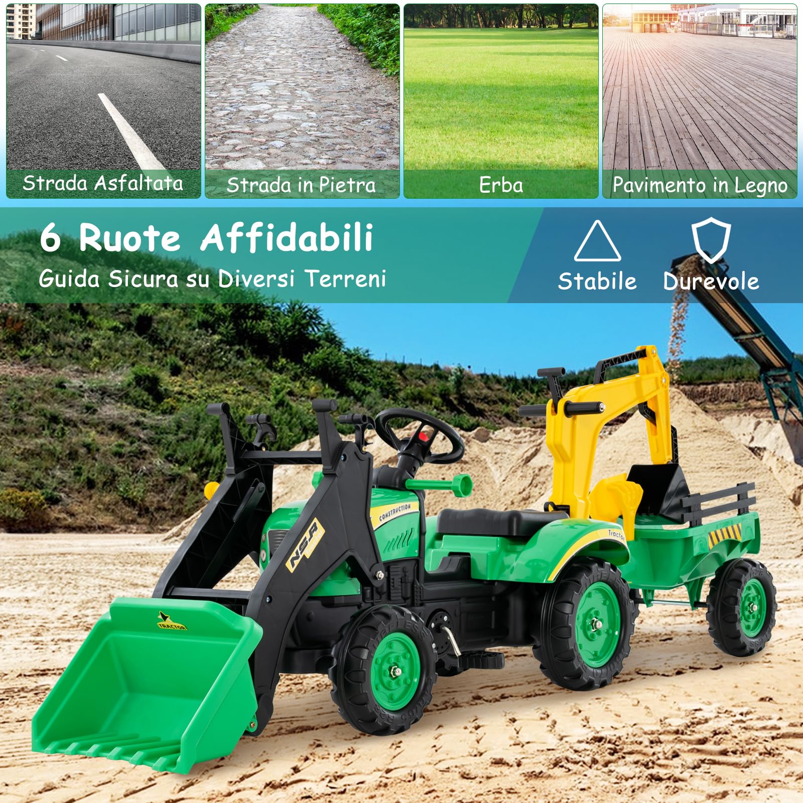 RELAX4LIFE Trattore per Bambini 3 in 1 3-6 Anni con 2 Benne Regolabile e Rimorchio Staccabile con 6 Ruote, Carico Bulldozer 35 kg (VERDE)