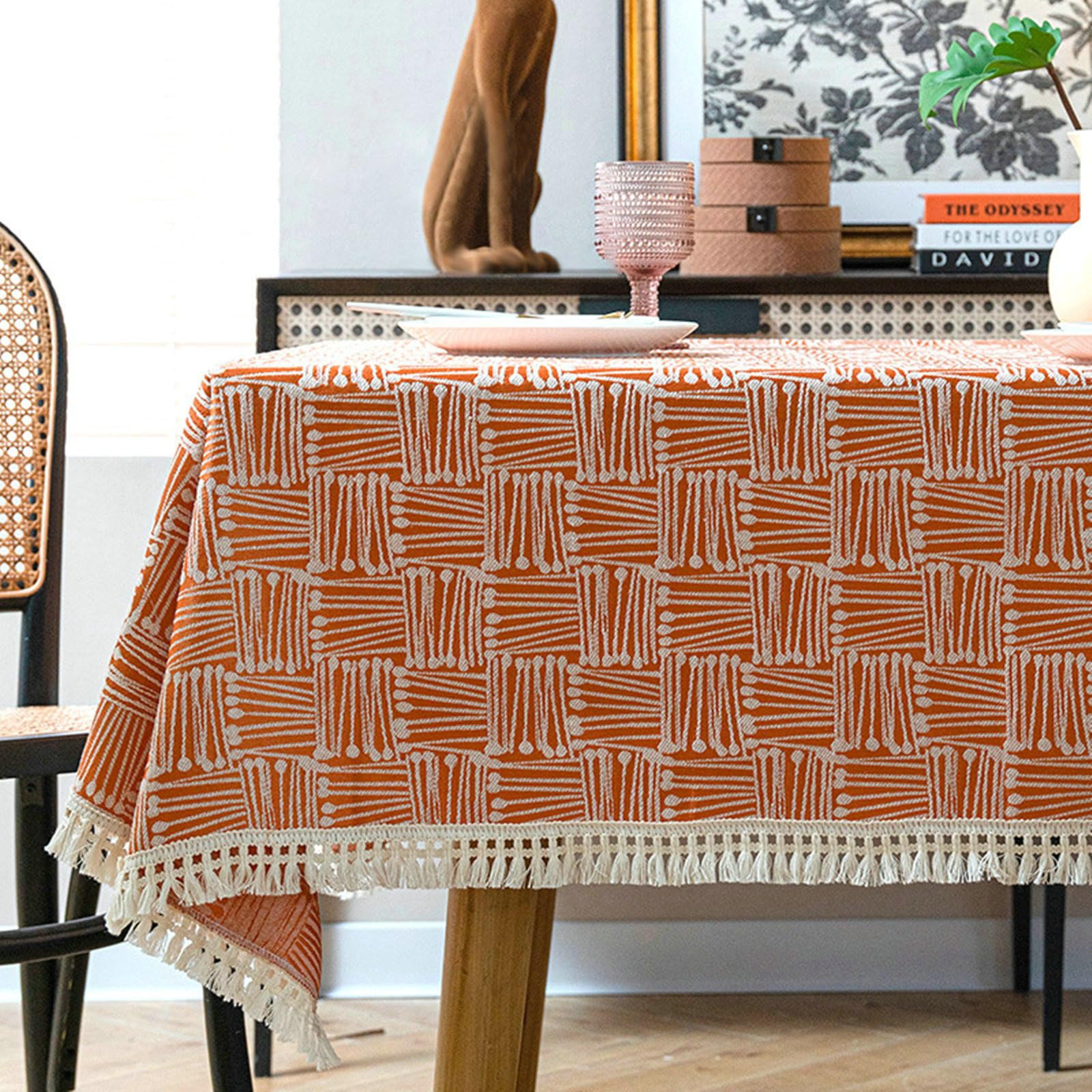Gualiy Manteles Rectangular Poliéster, Mantel de Mesa 140 x 300 cm Manteles Antimanchas Cocina Patrón Geométrico con Borlas Mantel para Mesa Cocina, Naranja