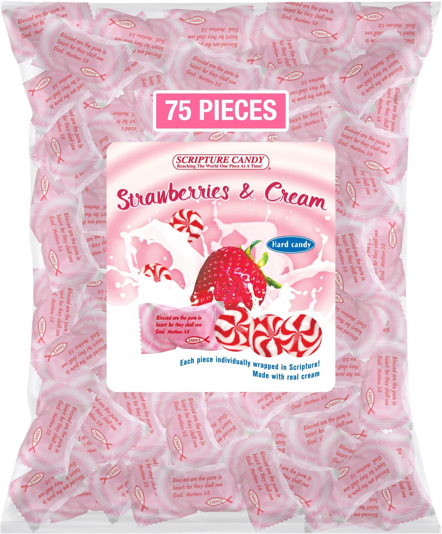 Scripture Candy, Strawberries & Cream Hard Candy 1 Pound Bag, 75 Pieces