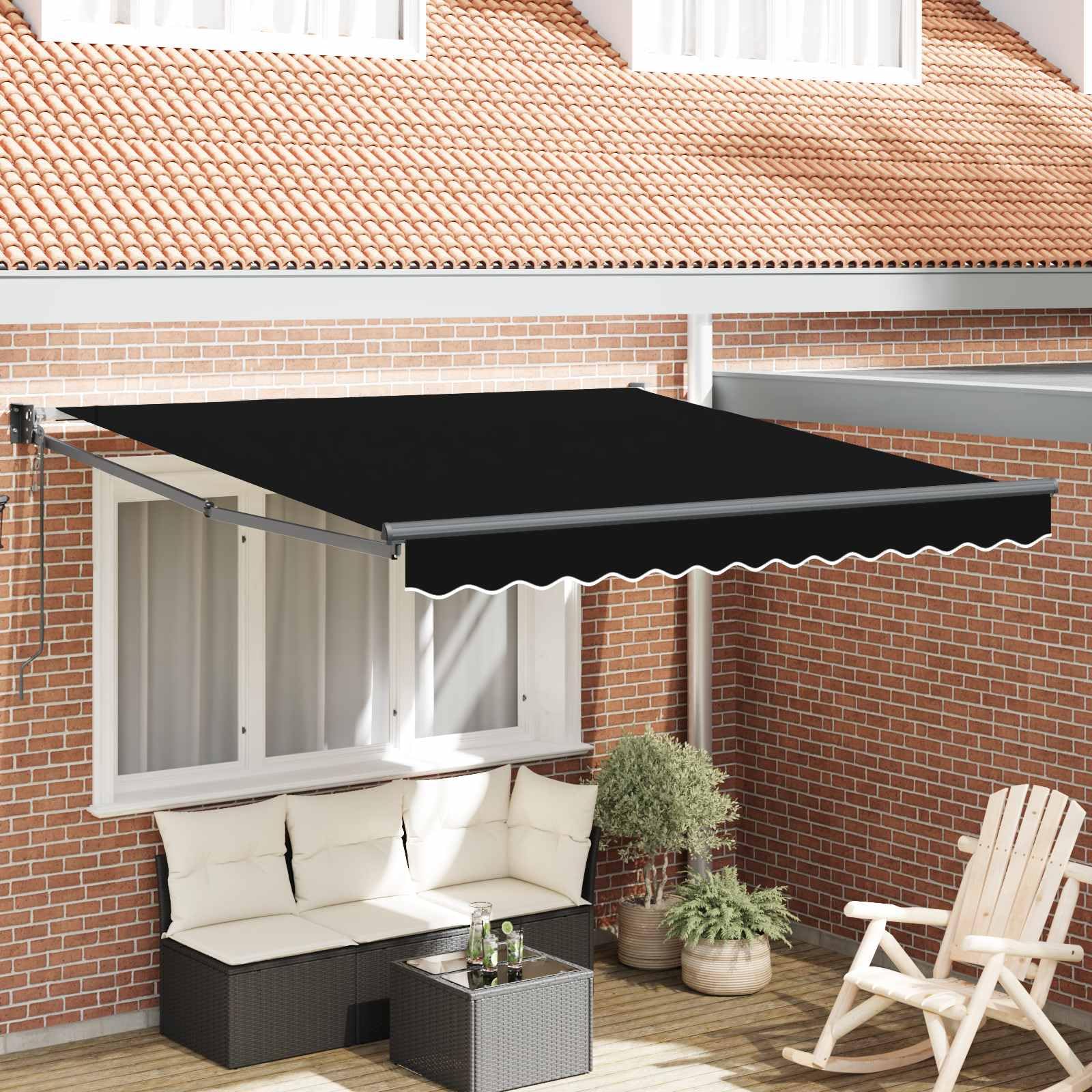 Wysuwana czarna markiza 300 x 250 cm, ochrona przed słońcem, do ogrodu, na taras, balkon, odporna na działanie warunków atmosferycznych, z korbą i montażem na ścianie, odporna na działanie