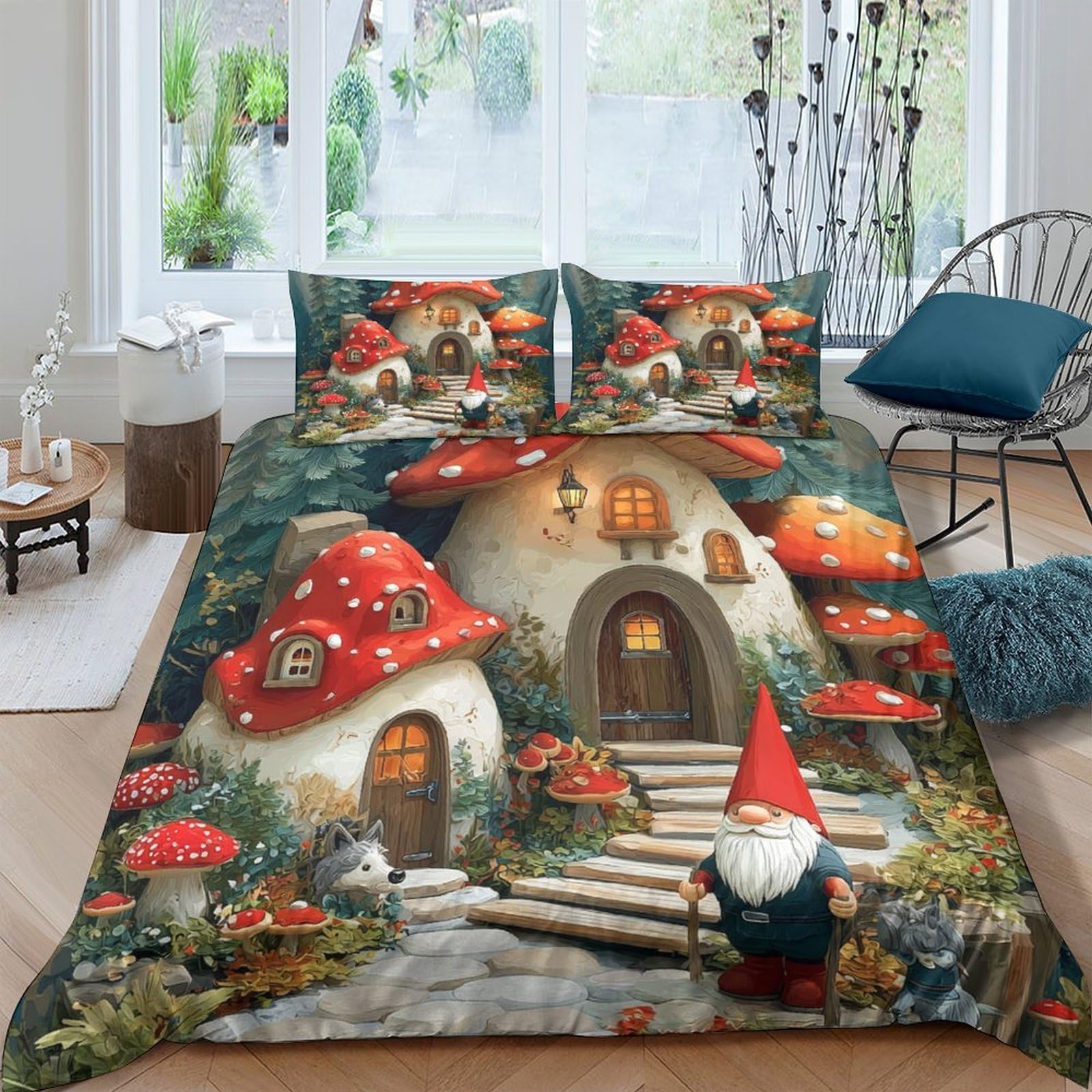 GPLZQXKJNH 3D Printed Mushroom Fairy House Duvet Cover Microfiber Soft Gnome Forest Bedding Set with 2 Pillowcases for Bedroom Decor Single（135x200cm）