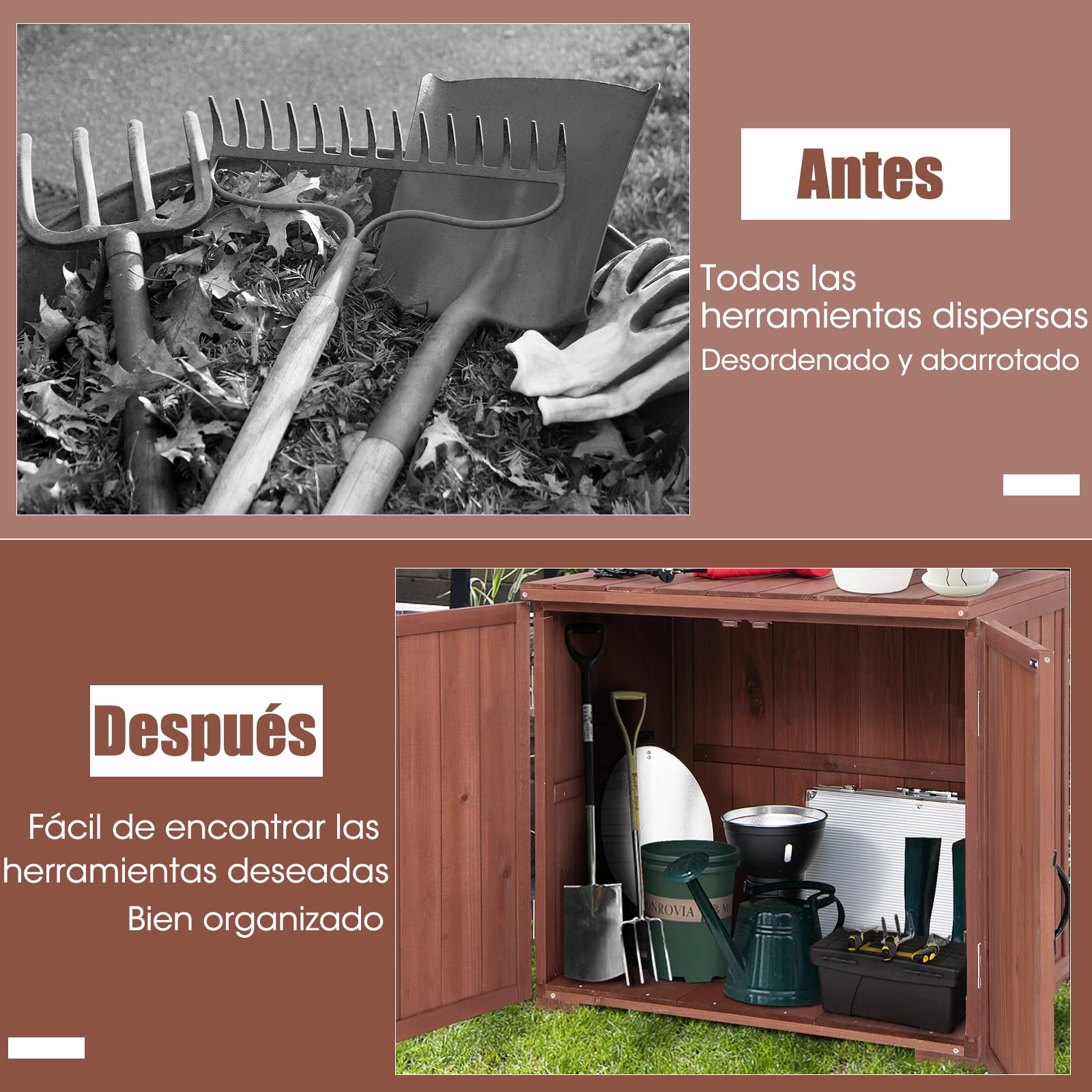 COSTWAY Armario de Almacenamiento de Madera de Abeto para Jardín, Organizador de Herramientas con 2 Puertas de Succión Magnéticas, Cobertizo con Amplio Espacio de Almacenamiento para Patio, Jardín