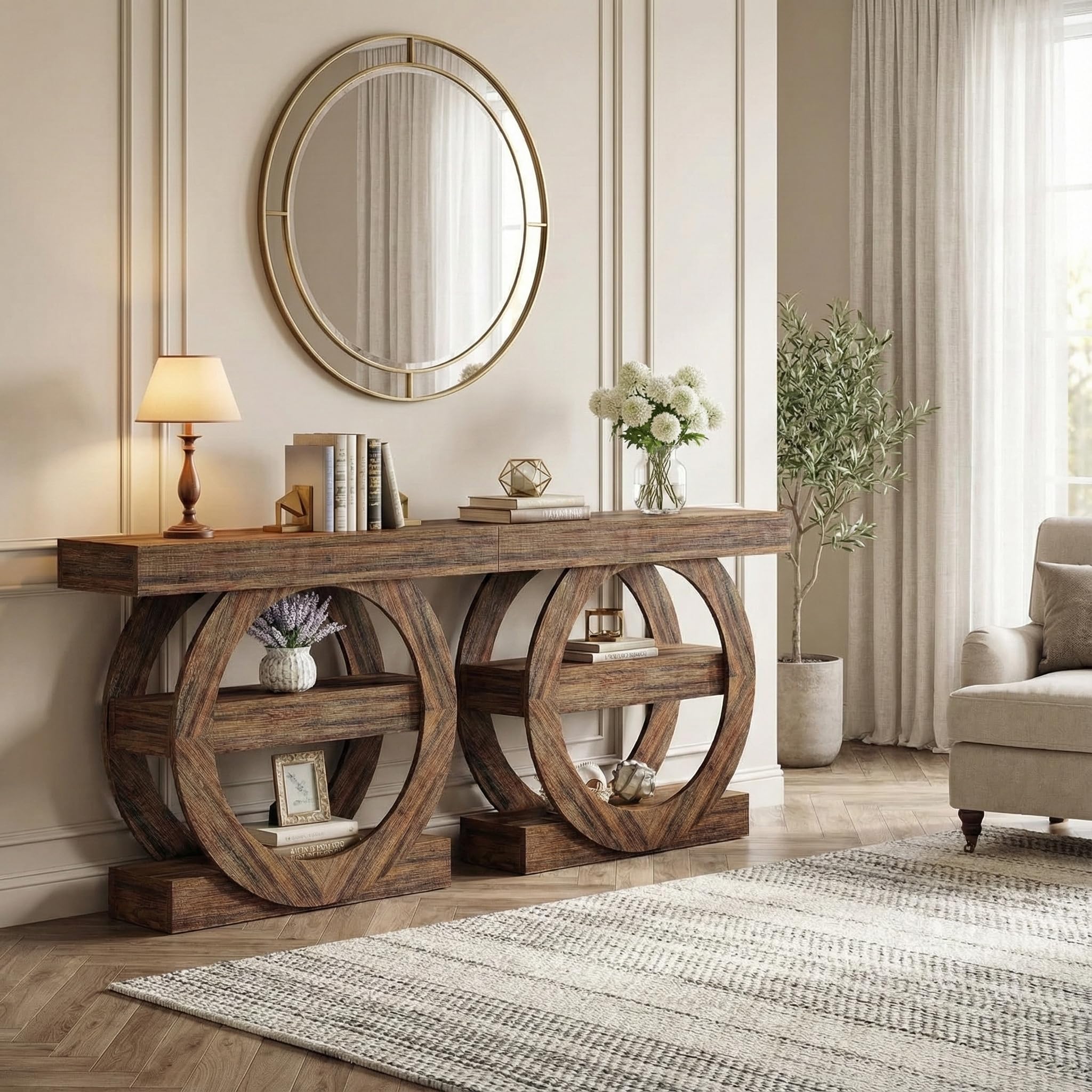 Lailang 105cm Konsola do Przedpokoju, Wąski Stół Konsolowy, Industrialna Konsola Z Półkami, Drewniany Stolik Wejściowy, Konsola do Przedpokoju Loft, 105 x 30 x 80 cm, Rustykalny Brąz