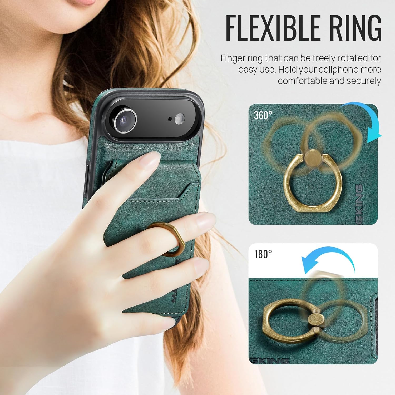 Compatible with MagSafe Wallet Phone Case for iPhone Air, 2 in 1 Magnetic Detachable, Premium PU Leather Slim Shockproof RFID Blocking 4 Card Holder 360 Rotatable Ring Stand (Green) - Image 6