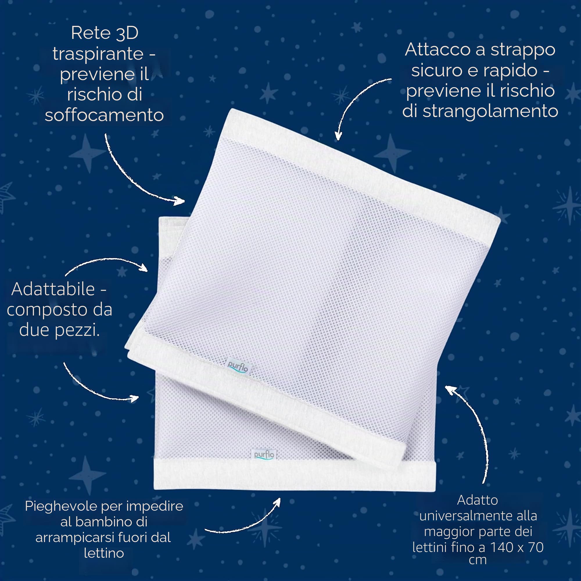 Purflo Paraurti traspirante per lettino, alternativa sicura ai tradizionali paracolpi per lettino, lavabile in lavatrice e facile da installare, elementi essenziali per bambini, bianco morbido