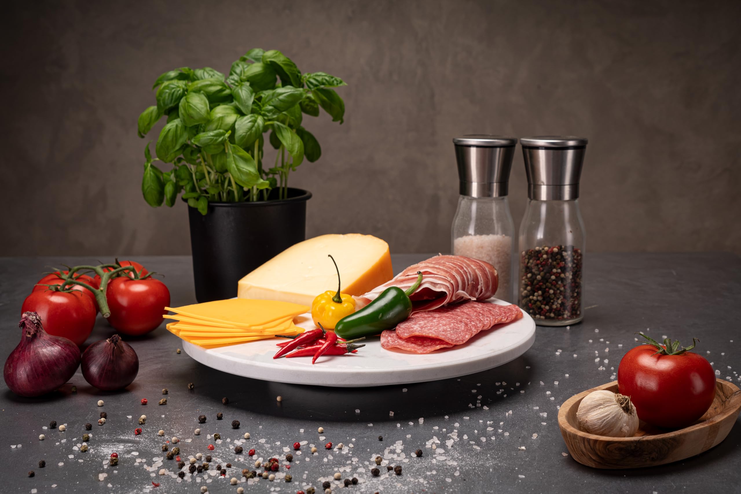 Plateau Rotatif en Marbre Rond - à Gâteau, Saucisse, Fromage - de Service Avec Pied - Blanc - Tournant - Présentoir