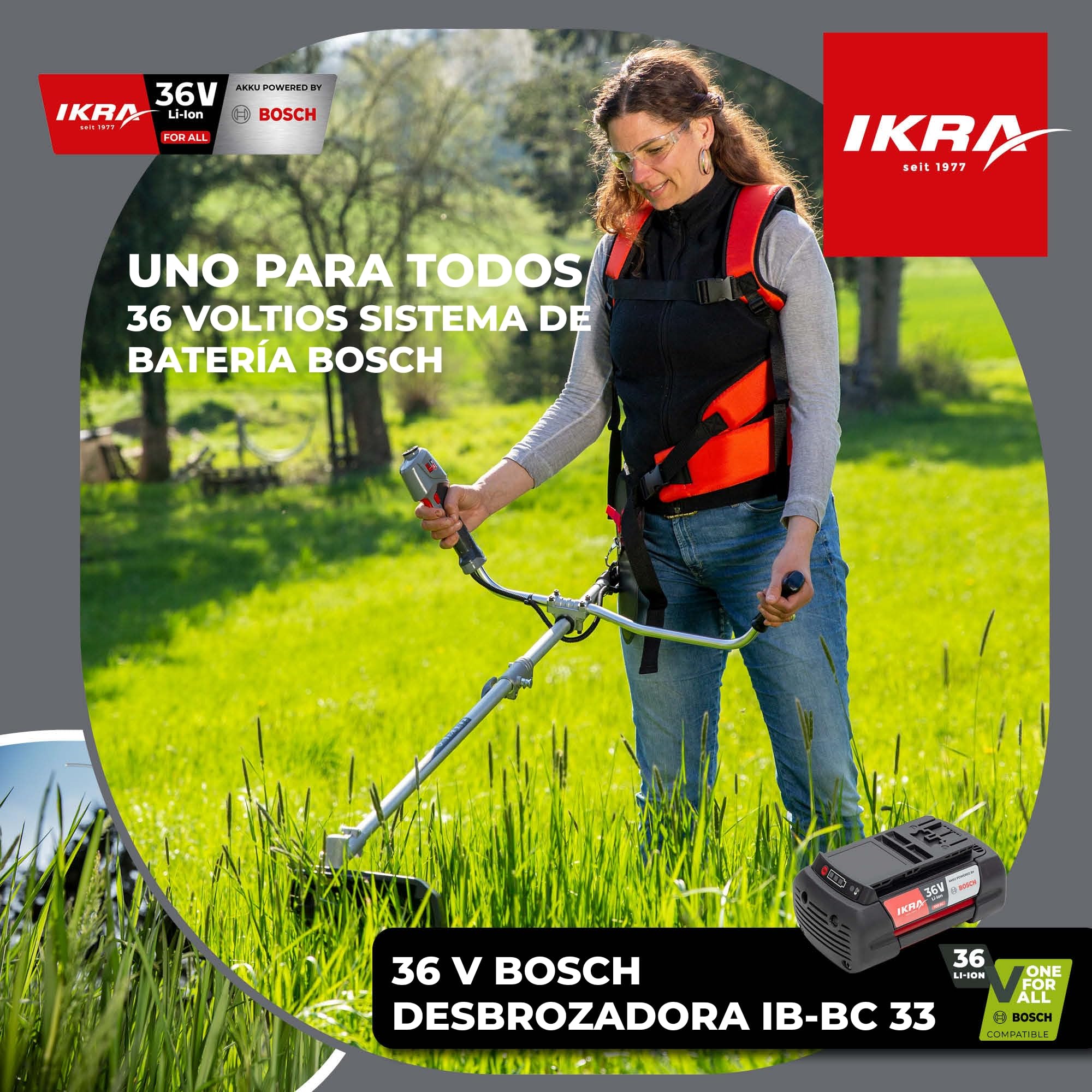 IKRA desbrozadora y cortabordes IB-BC 33, sin batería de 36 V ni cargador | Compatible con Bosch, motor sin escobillas, incluye bobina Easy-Load, cuchilla de tres dientes y hoja de sierra de 80 dientes