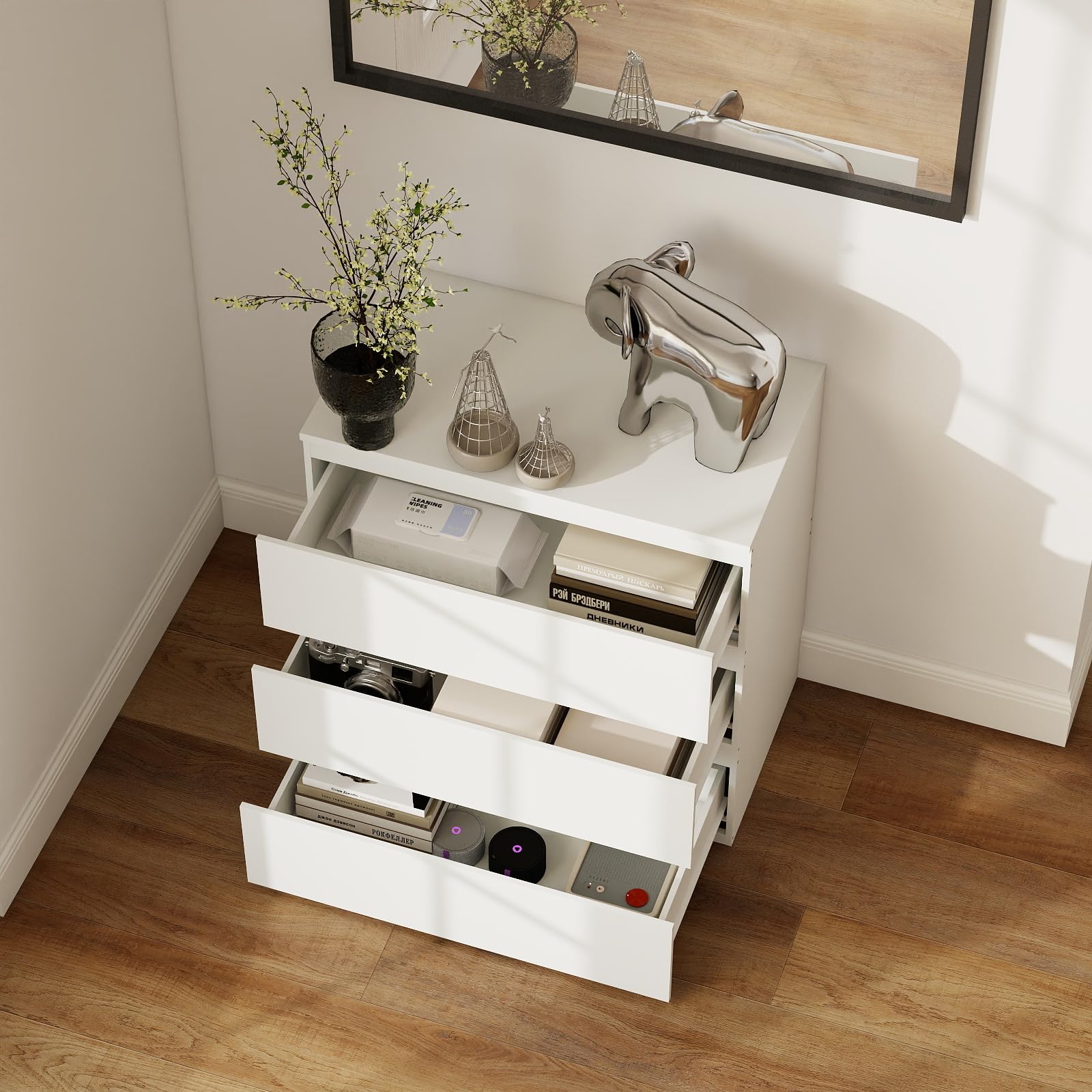 Cómoda Blanca Dormitorio con 3 Cajones Mesilla de Noche Estrecha 40cm Cajonera de Armario Interior Moderna Mueble Auxiliar para Oficina y Pasillo 70x40x75 cm