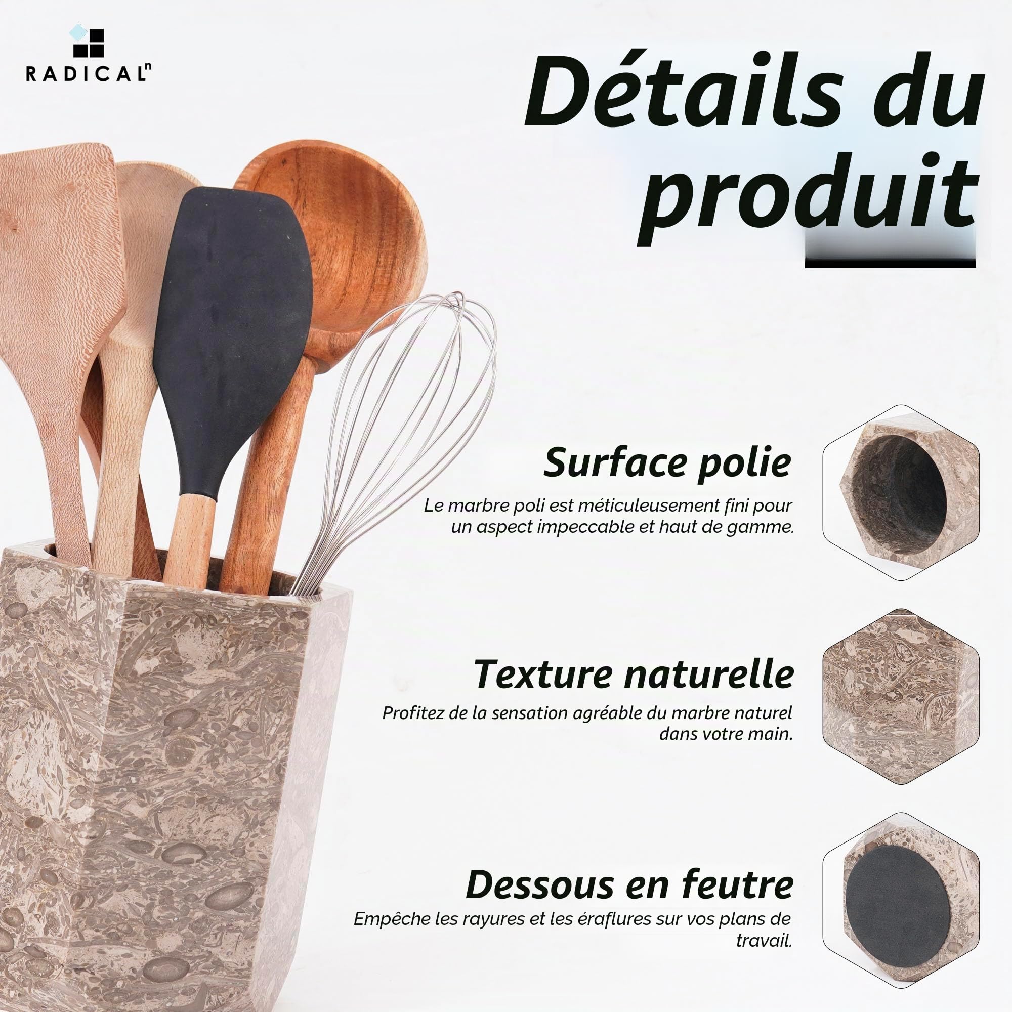 Radicaln Porte-ustensiles en marbre 16,5 cm fait main, ensemble de spatules océaniques pour comptoir de cuisine, idéal pour organiser les ustensiles de cuisine et les essentiels de cuisine, caddy à