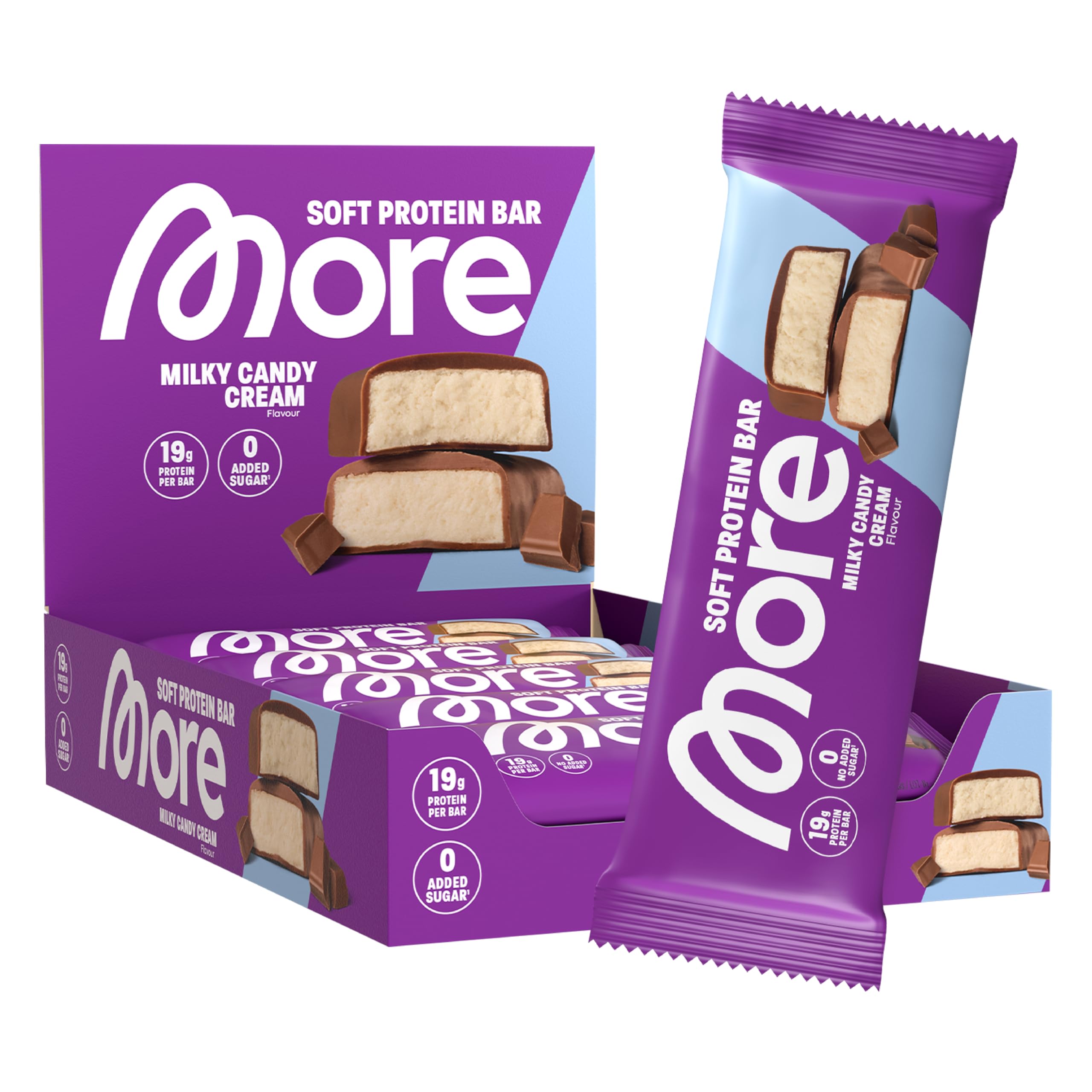 MORE Soft Protein Bar, 10er Box, 10 x 50 g, Milky Candy Cream, Protein Riegel ohne Zuckerzusatz (Design kann variieren)