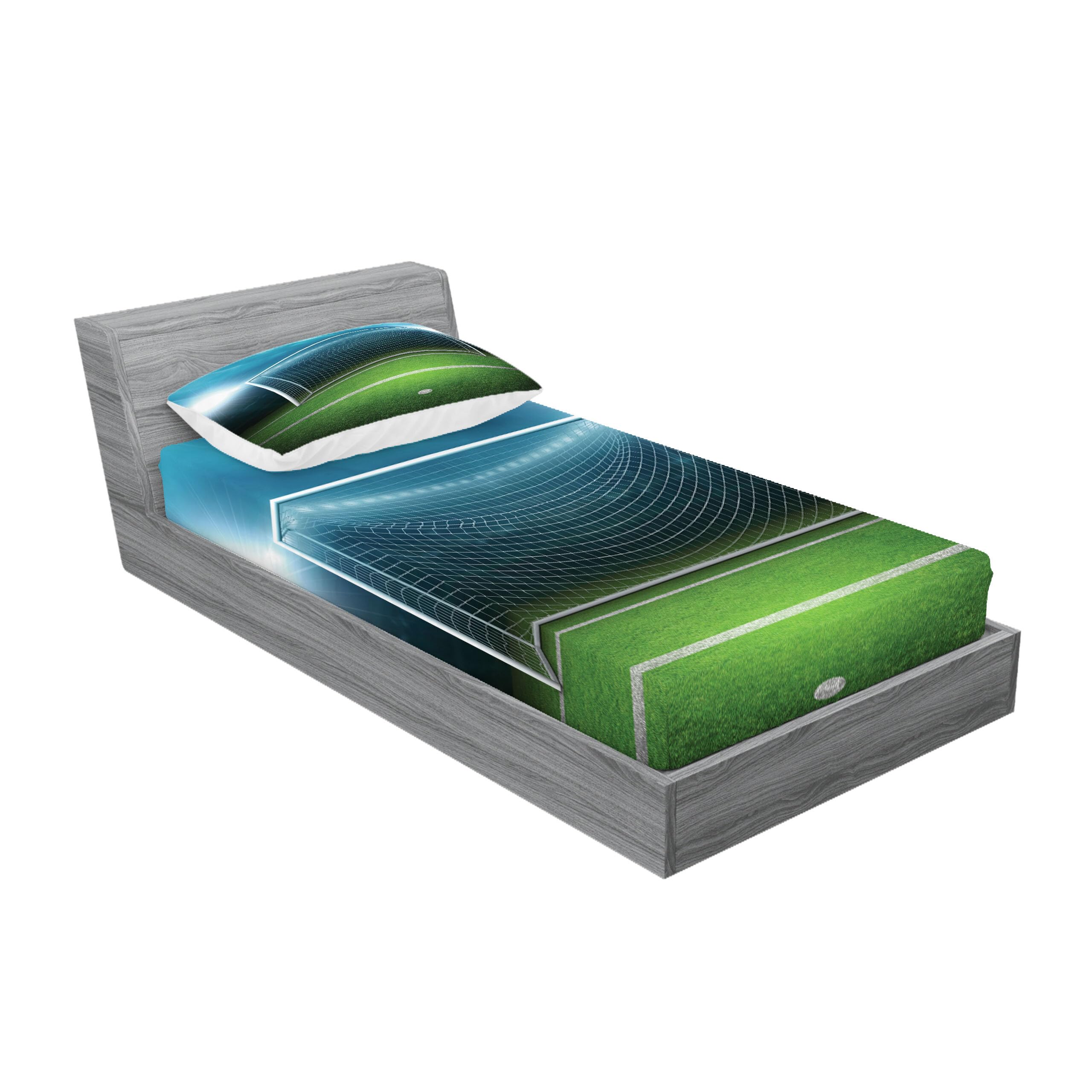Ambesonne Soccer Fitted Sheet & Pillow Sham Set, Soccer Goal Post Sports Area Winner Loser Line Floodlit Best Team Finals Game Theme, Decorative Printed 2 Piece Bedding Decor Set, Twinxl, Aqua Green