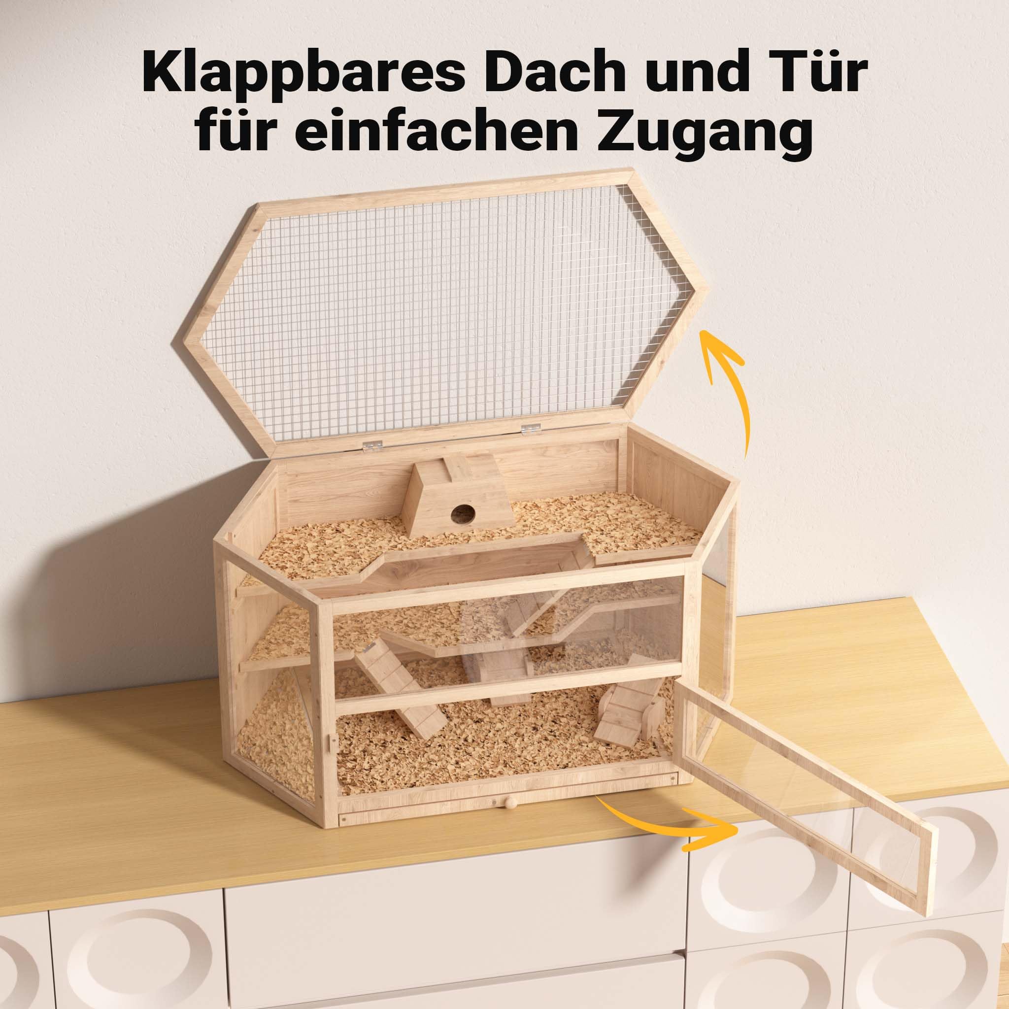 Wiltec XXL 3 Etagen Nagerkäfig, 6-eckig, 1150 x 600 x 580 mm, aus Holz, mit klappbarem Deckel & Sichtfenster, Kleintierhaus Mäusekäfig Hamsterkäfig