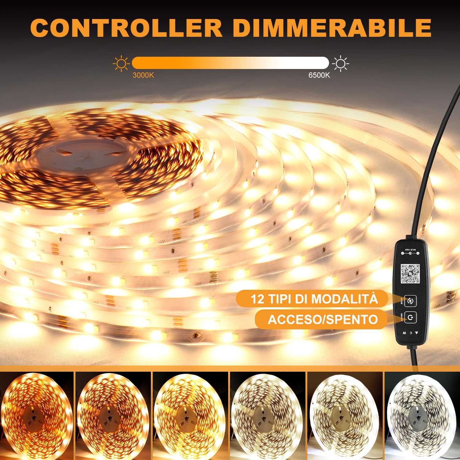 30M Striscia Led Bianca Dimmerabile, 3000K-6500K Da Bianco Caldo a Bianco Freddo, 24v Con Telecomando, Striscia Led Cucina, App Intelligente Per La Decorazione (3000-6500K, 30M)