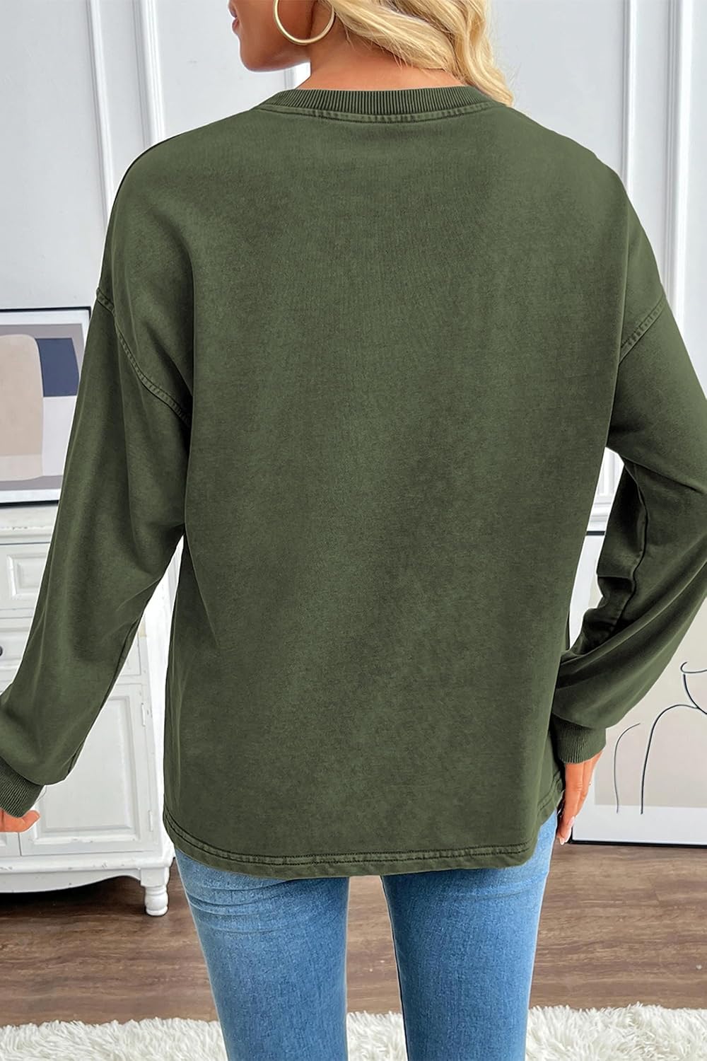 SHEWIN Women Acid Wash Out Sweatshirt Fall Ribbed Mesh Pullover Tops 2026