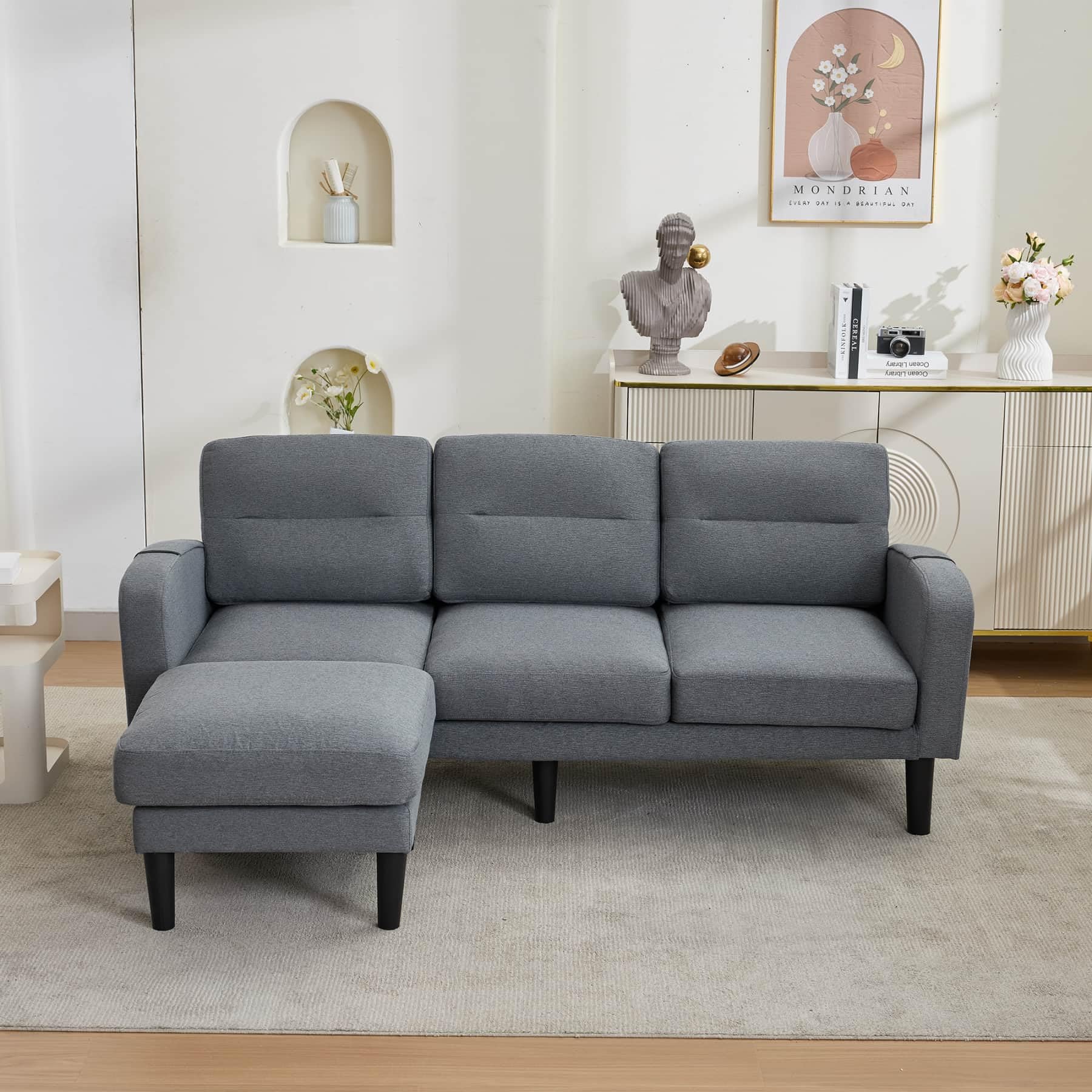 YEHTOKHOME Canapé d'angle en L à 3 Places avec Repose-Pieds,Gris