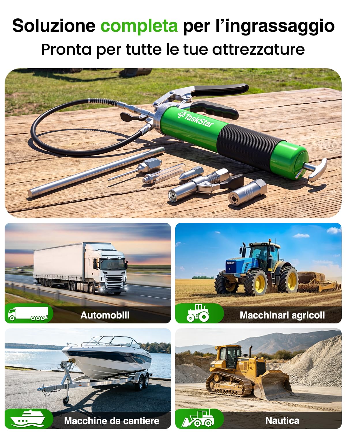 TaskStar Ingrassatore Manuale 8000 PSI, Tubo Flessibile 45cm, 5 raccordi | Capacità 400cc, Raccordo a sgancio rapido, Compatibile Cartucce e Grasso Sfuso, per Auto, Macchinari Agricoli e Officina