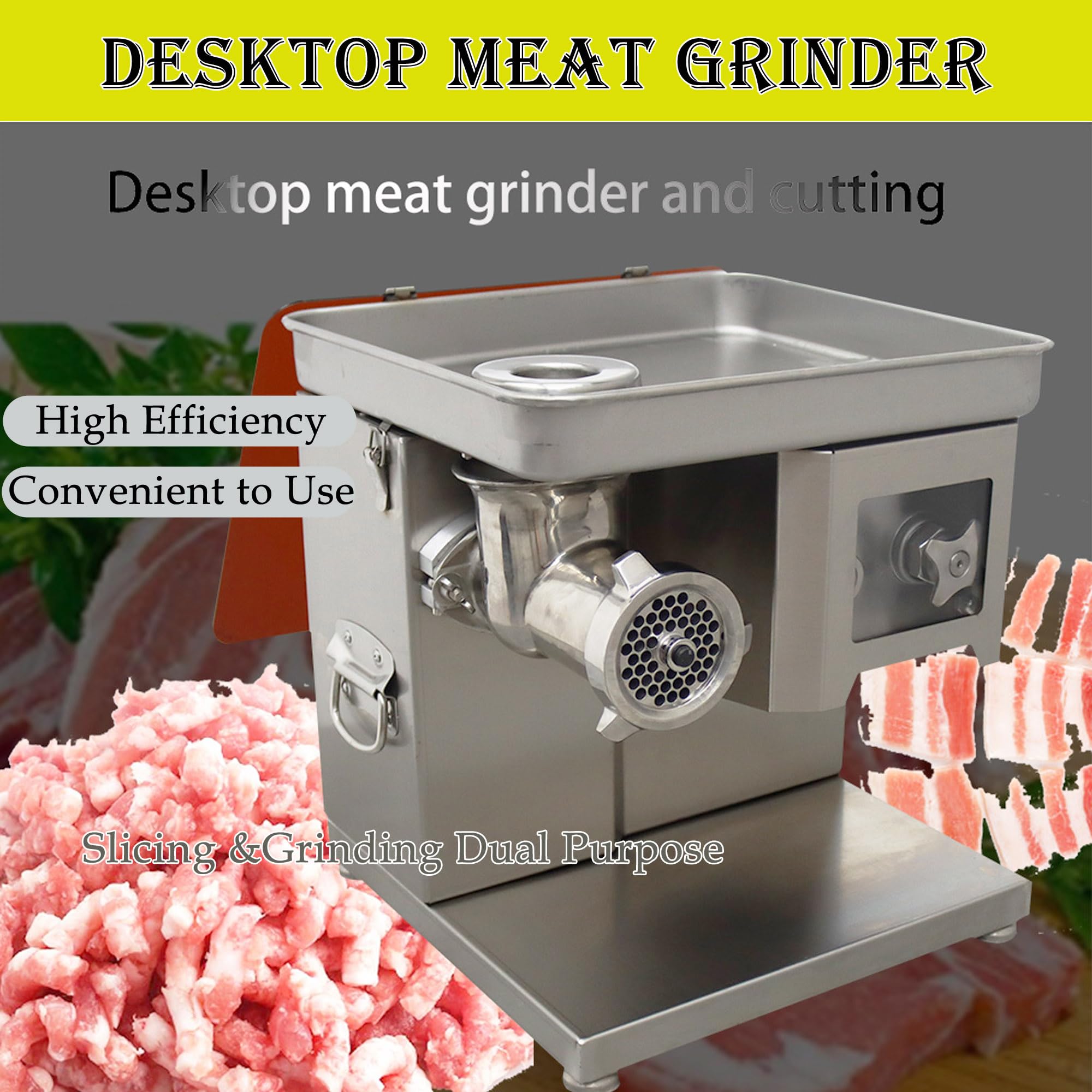 HQHAOTWU Electric Meat Grinder and Cutting Machine Stainless Steel Meat Mincer Sausage Filling Grinder 8mm Mincer Sieve Plate&5mm Cutter Blade with Tray for Supermarket Restaurant&Home